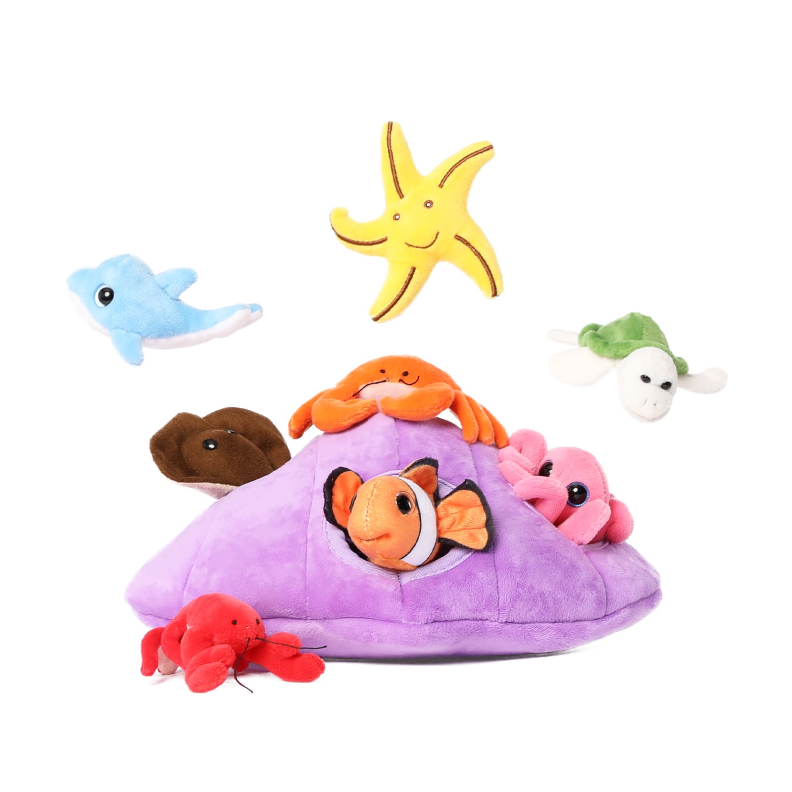 Ocean friends plush stuffed animal bundle with 8 different marine animals including dolphin, turtle, starfish, and devil fish, perfect for kids room decoration and learning toys