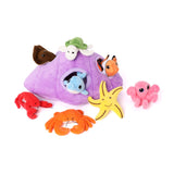 The plush shell soft toy comes with 8 sea creatures, including turtle, dolphin, octopus, crab, lobster, clownfish, starfish, and devil fish, designed for kids' sensory play and learning
