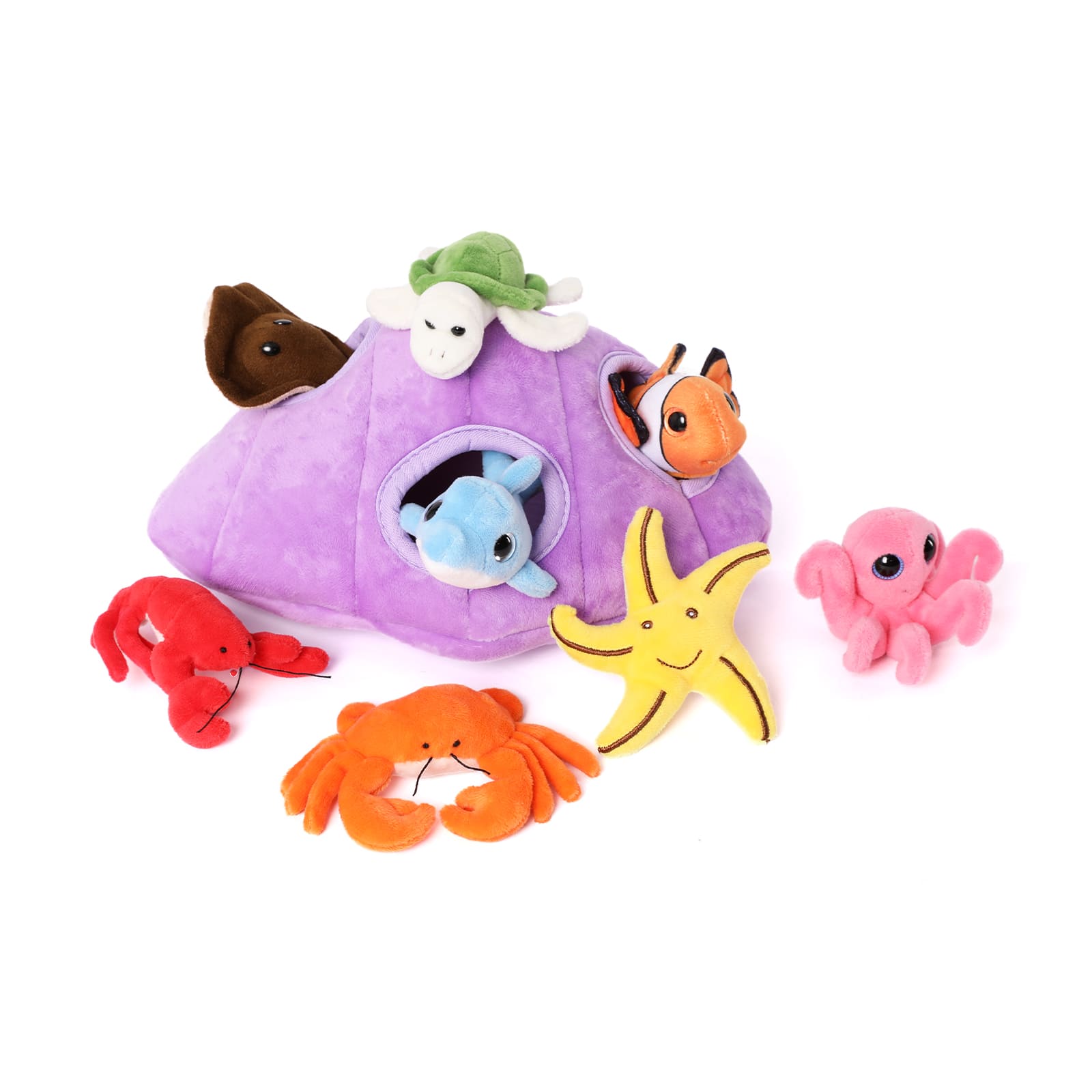 The plush shell soft toy comes with 8 sea creatures, including turtle, dolphin, octopus, crab, lobster, clownfish, starfish, and devil fish, designed for kids' sensory play and learning