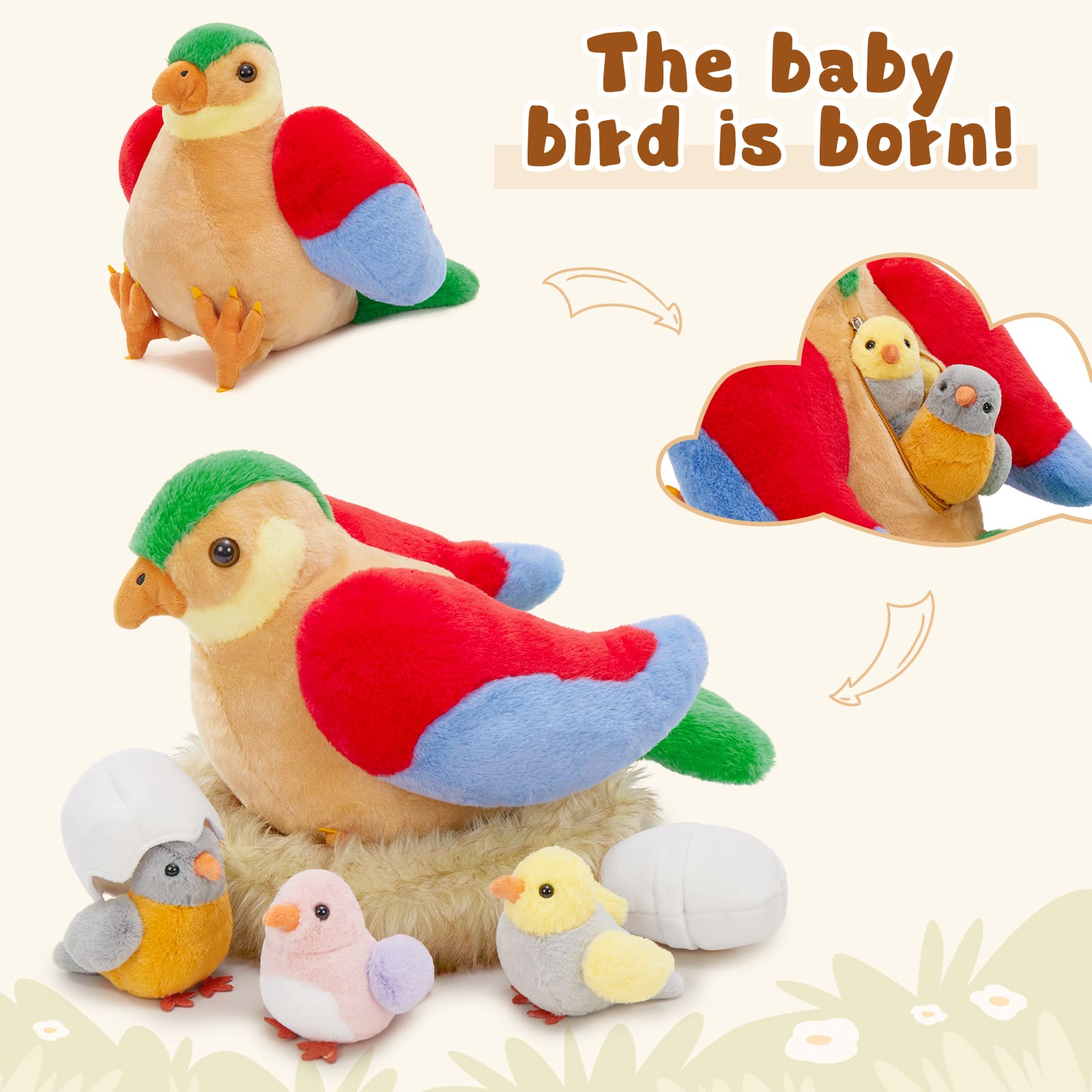 MorisMos 7Pcs Bird Stuffed Animals, Mommy Bird with Babies Eggs Nest, Colorful Birds Plush Toys Gifts for Toddlers, Kids, Boys, Girls, 12 inch
