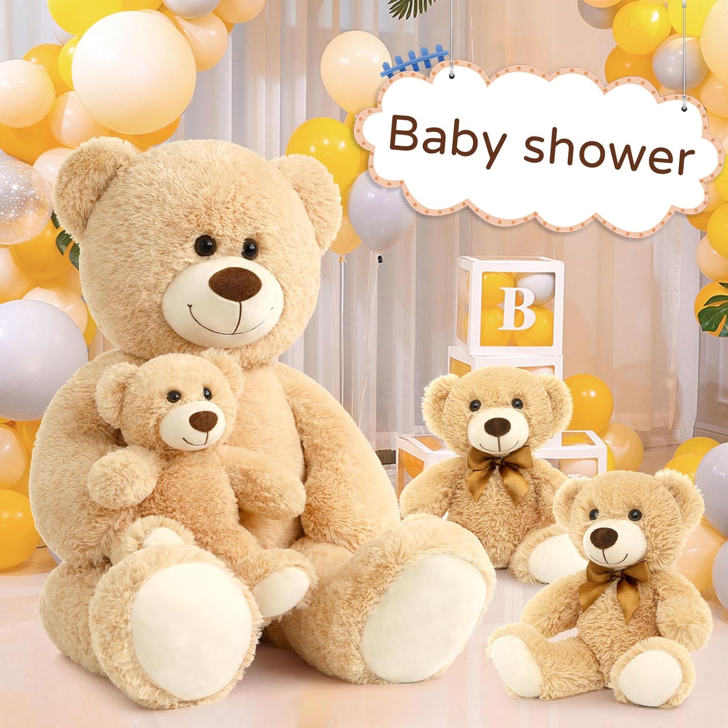Mom Teddy Bear with 3 Babies Plush Toy Set, Brown, 39 Inches