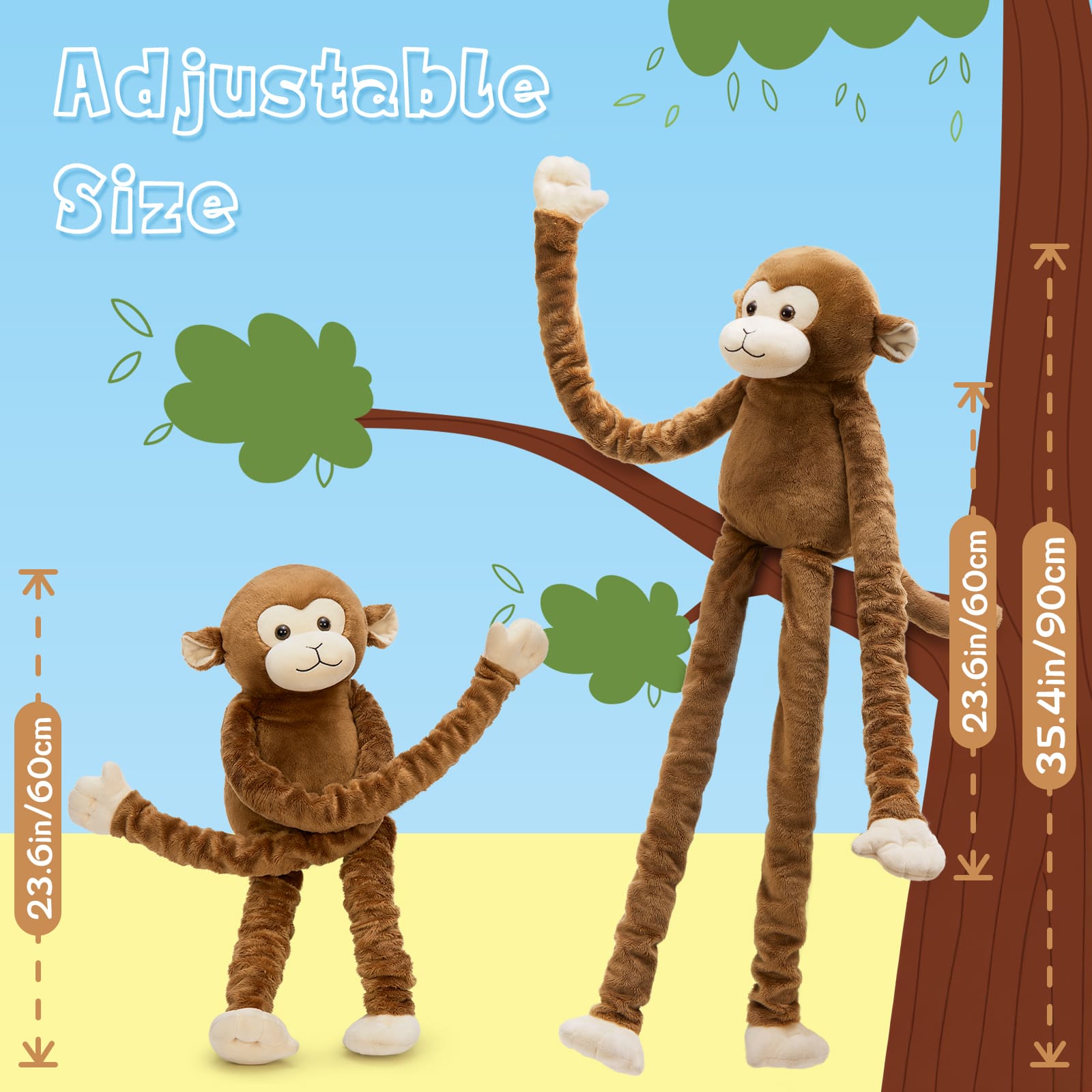 Stretchable Weighted Monkey Plush Toy, 23.6 ~ 35.4 Inches