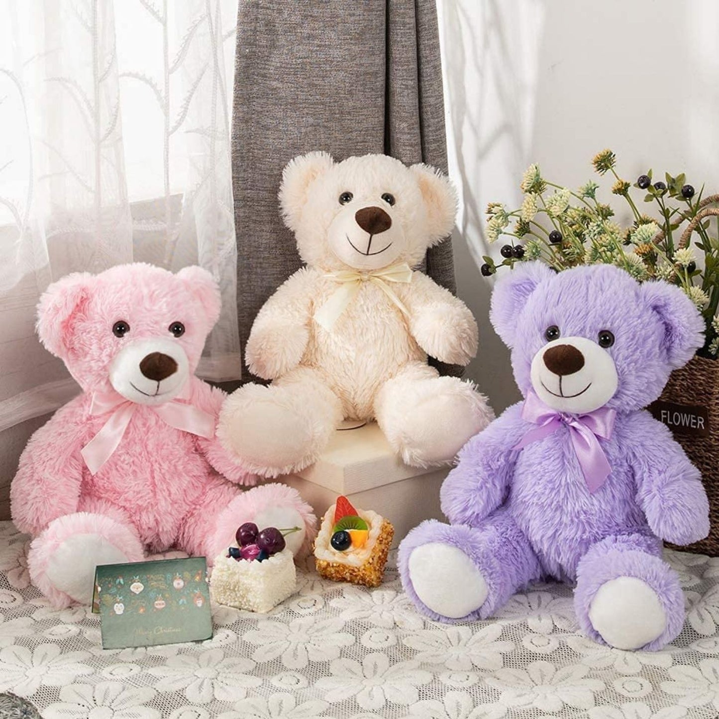 3-Pack Teddy Bears, Beige/Pink/Purple, 13.8 Inches - MorisMos Stuffed Animals - Three Pcs Teddy Bear Plush Toys - 14-inch Teddy Bear Stuffed Animals - Teddy Bear Theme Baby Shower Centerpieces - Valentine's Day Teddy Bears&Gifts - Free Shipping