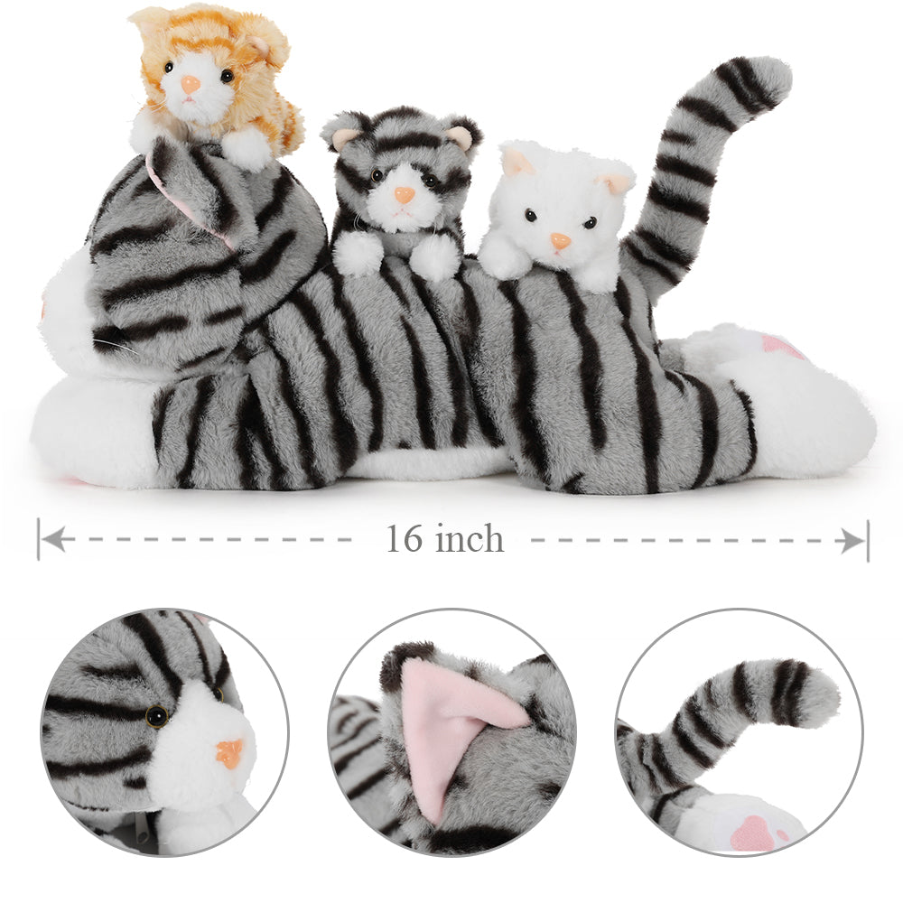 Realistic Tabby Cat Stuffed Animals - 4 Pcs Short Fur Tabby Cat Plush Toys - Tabby Kitty Baby Stuffed Animals with Their Mom - Cute Kitten Plush Toys - Christmas Birthday Gift for Kids Teens Adults