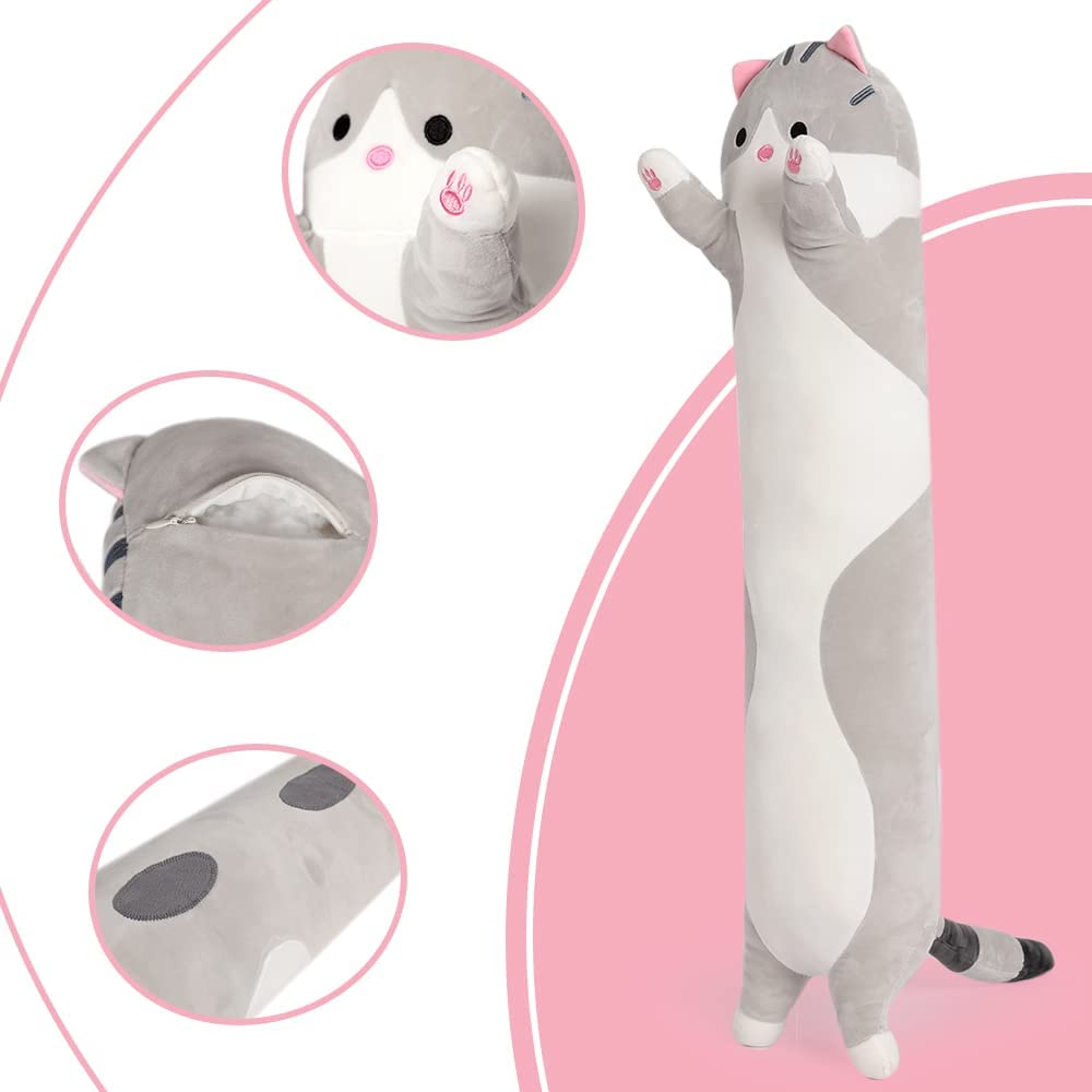 Cat Long Plush Pillow, Grey/Yellow, 35.4 Inches