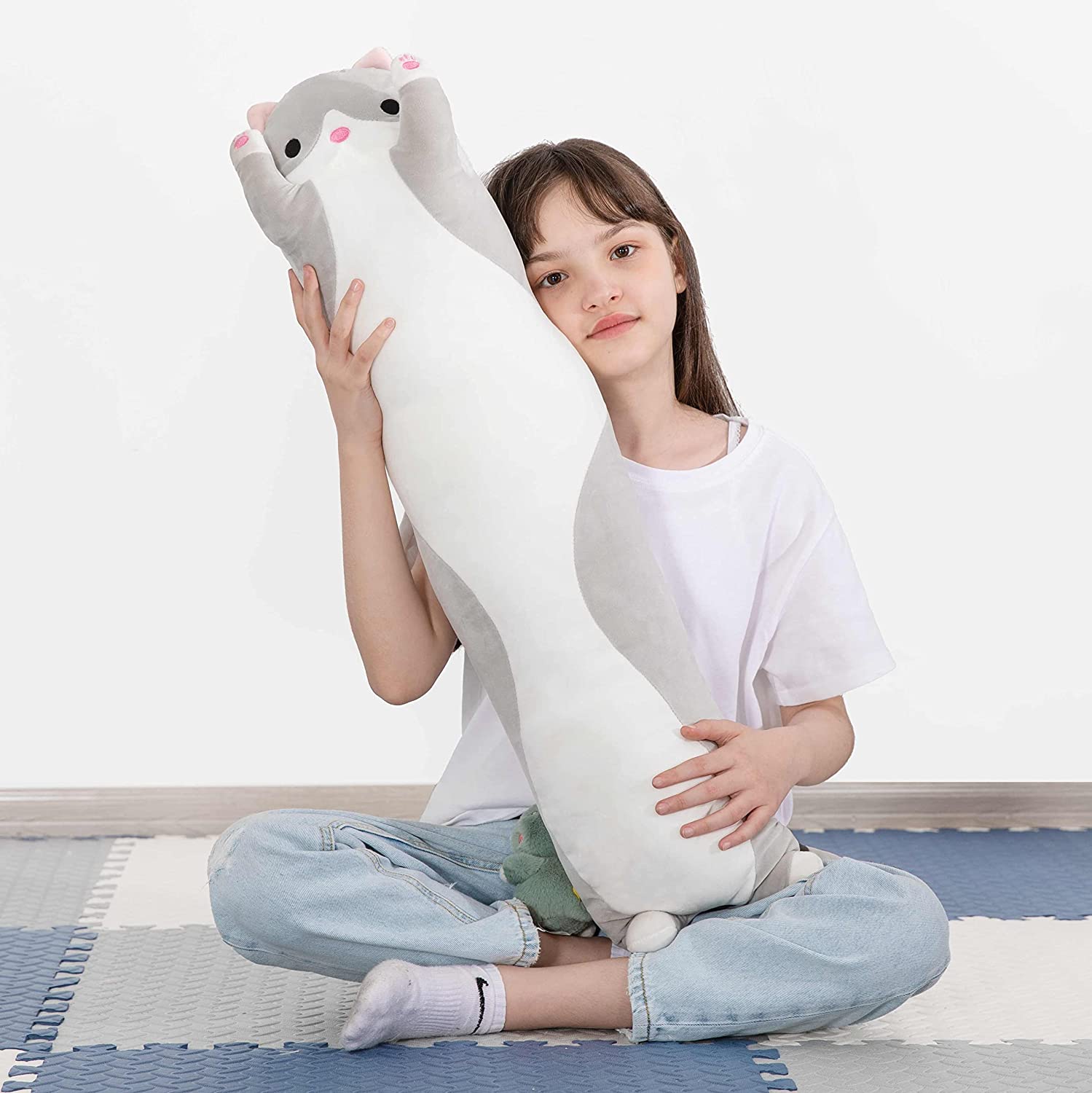 Cat Long Plush Pillow, Grey/Yellow, 35.4 Inches