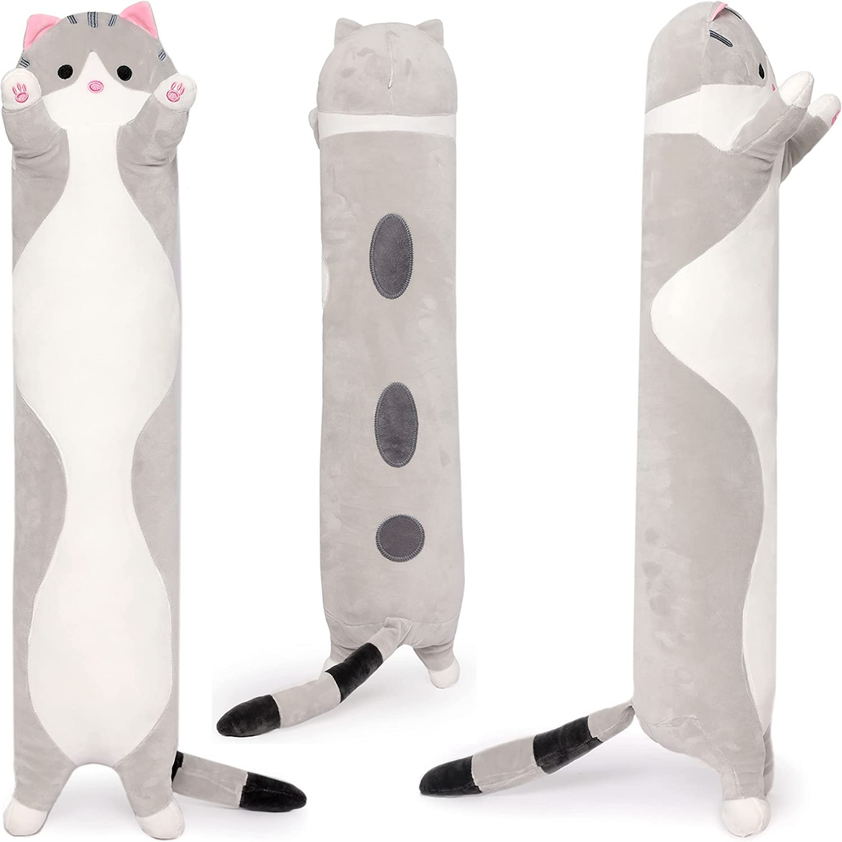 Cat Long Plush Pillow, Grey/Yellow, 35.4 Inches
