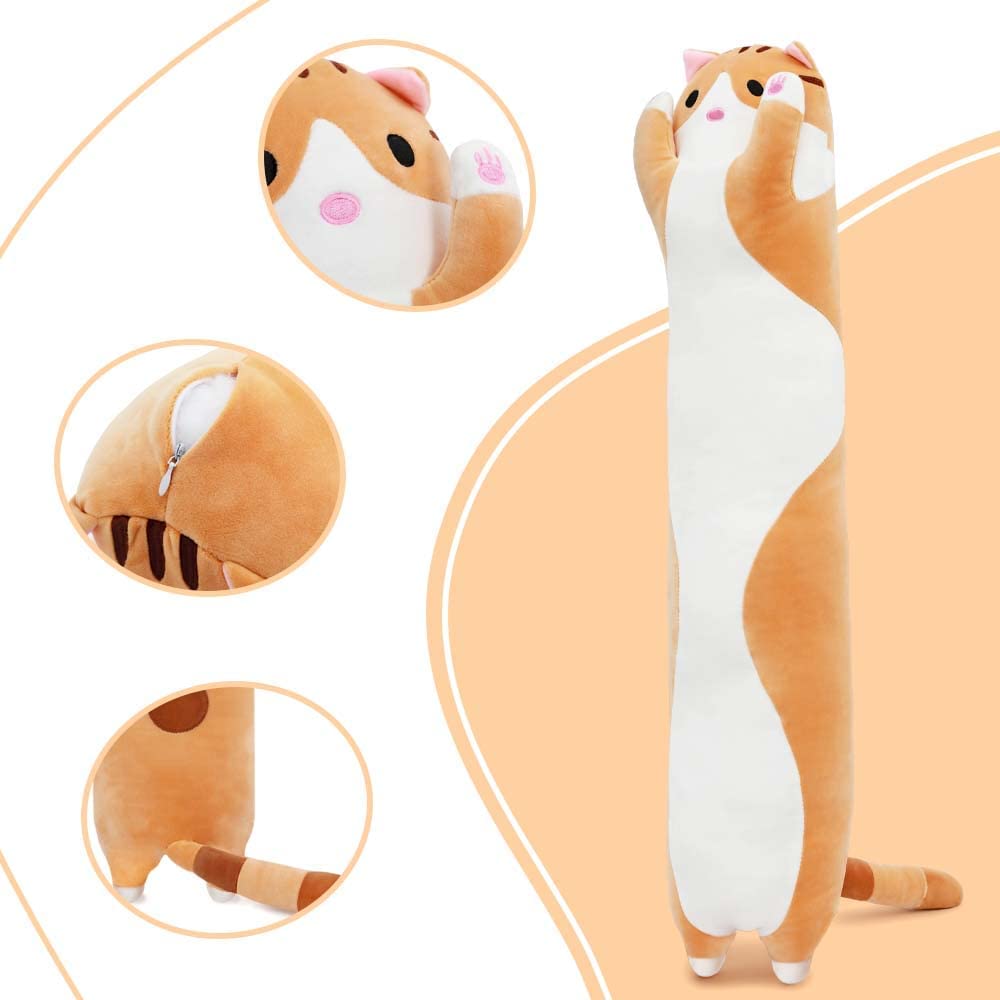 Cat Long Plush Pillow, Grey/Yellow, 35.4 Inches