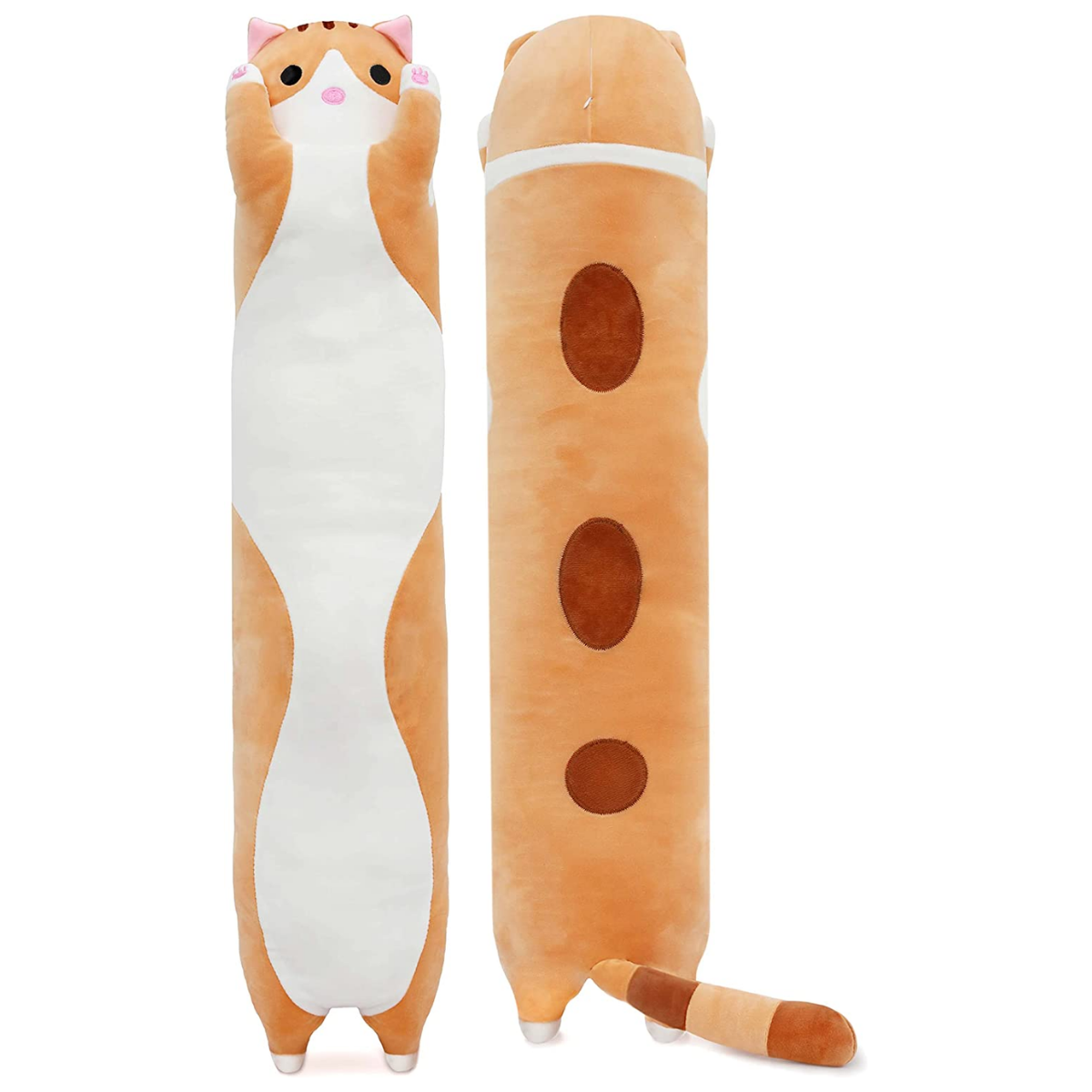 Cat Long Plush Pillow, Grey/Yellow, 35.4 Inches