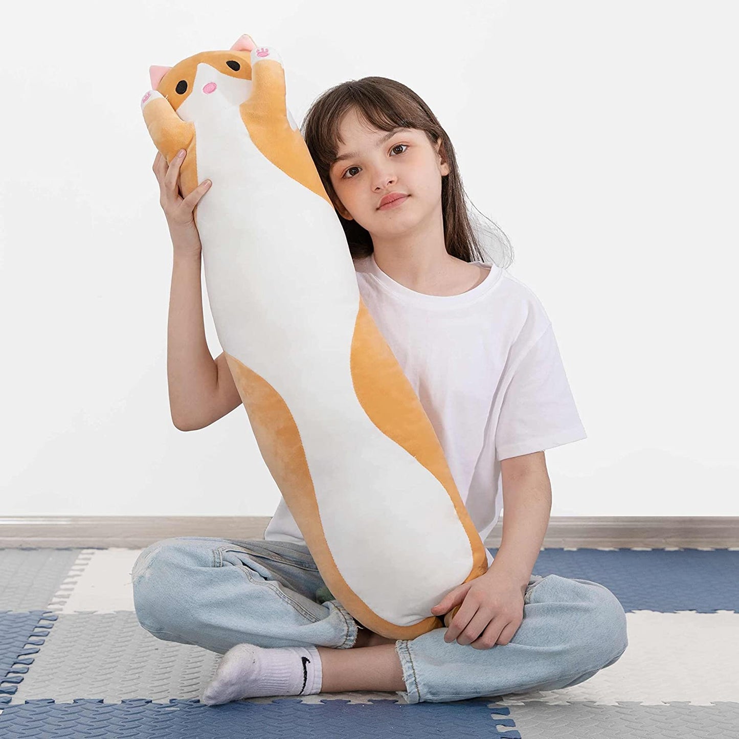 Cat Long Plush Pillow, Yellow, 35.4 Inches