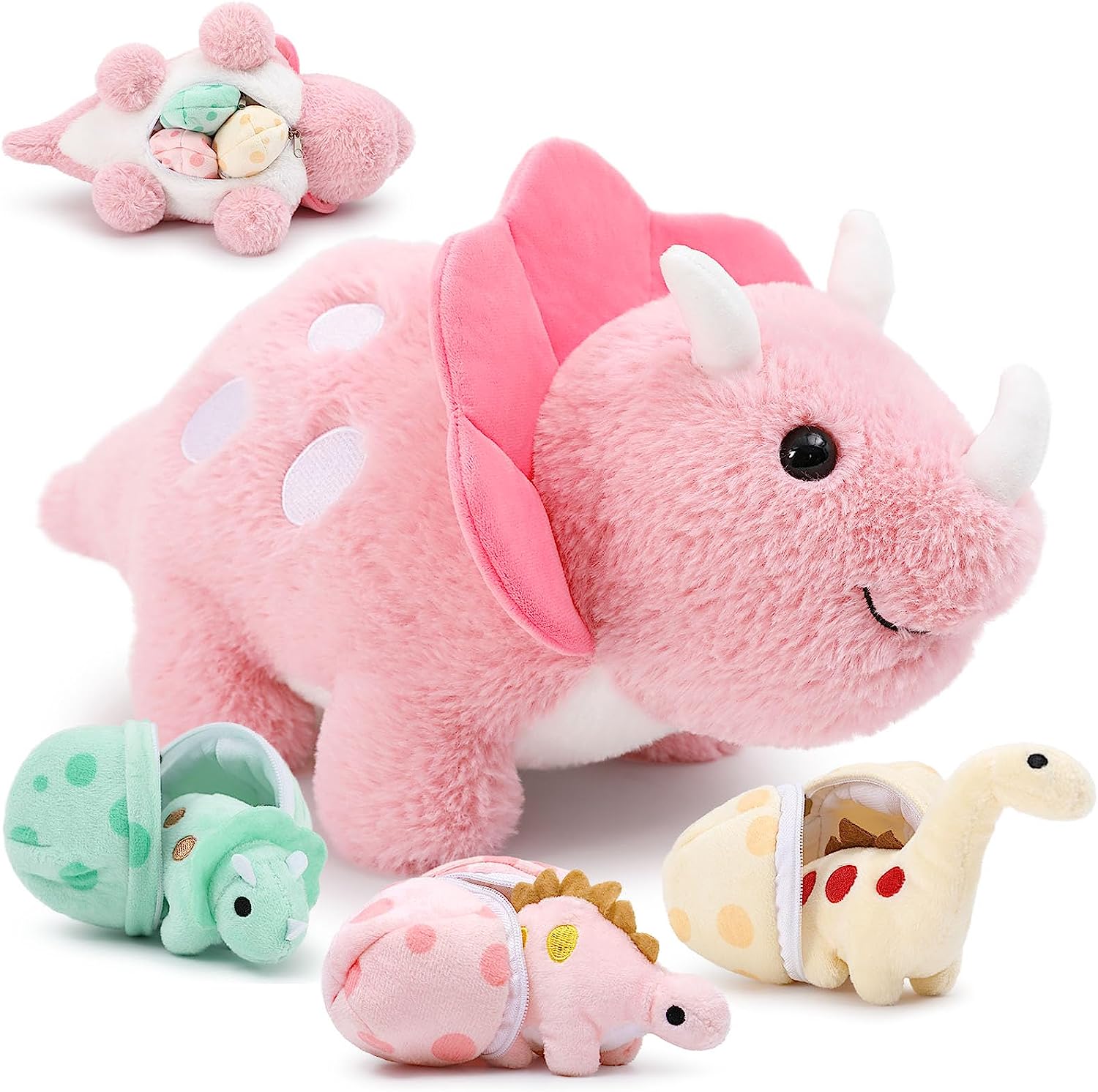 Dinosaur Plush Toy with 3 Baby Dinosaurs, Green/Pink, 17.6 Inches