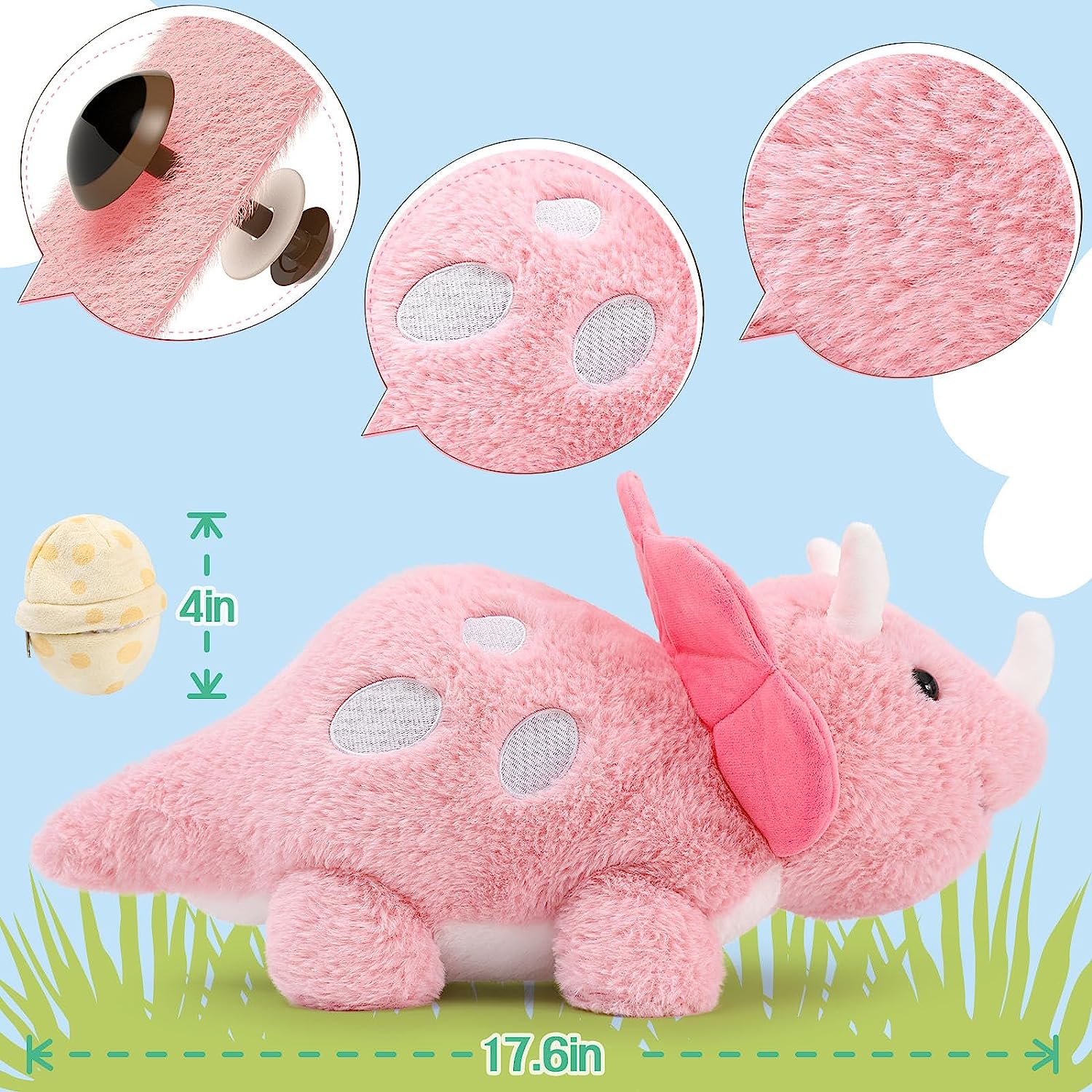 Dinosaur Plush Toy with 3 Baby Dinosaurs, Green/Pink, 17.6 Inches