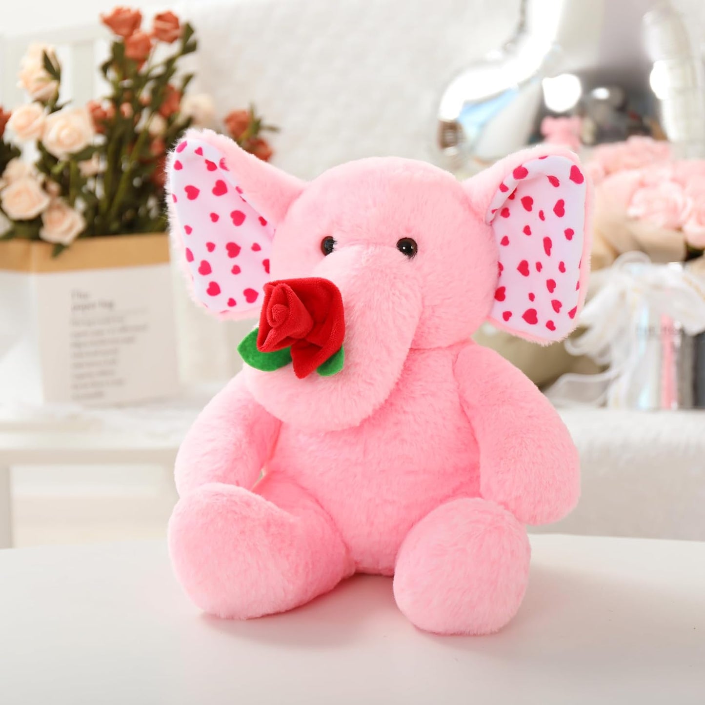 Realistic Elephant Stuffed Animals - 12 Inches Elephant Plush Toys with Rose Flowers - Valentine's Day Gift for Girlfriend/Boyfriend - Fluffly Cuddly Plushy Fluffy Toy - Cute Pink Elephant Cartoon Plush Pillows for Kids - Christmas/Birthday Gift for Children/Teens/Adults - Romantic Anniversary Gift for Wife/Husband - Free Shipping