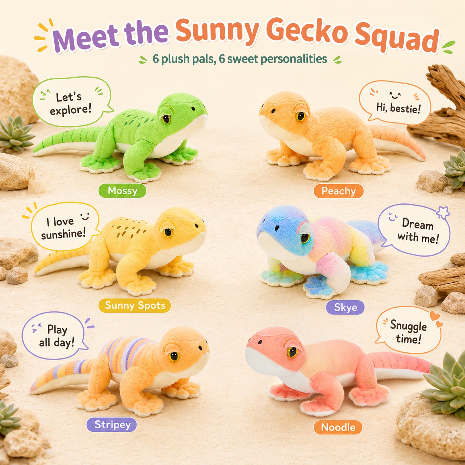 Plush Gecko Stuffed Animal Soft Colorful Gecko Toy Set, 7.9 Inches