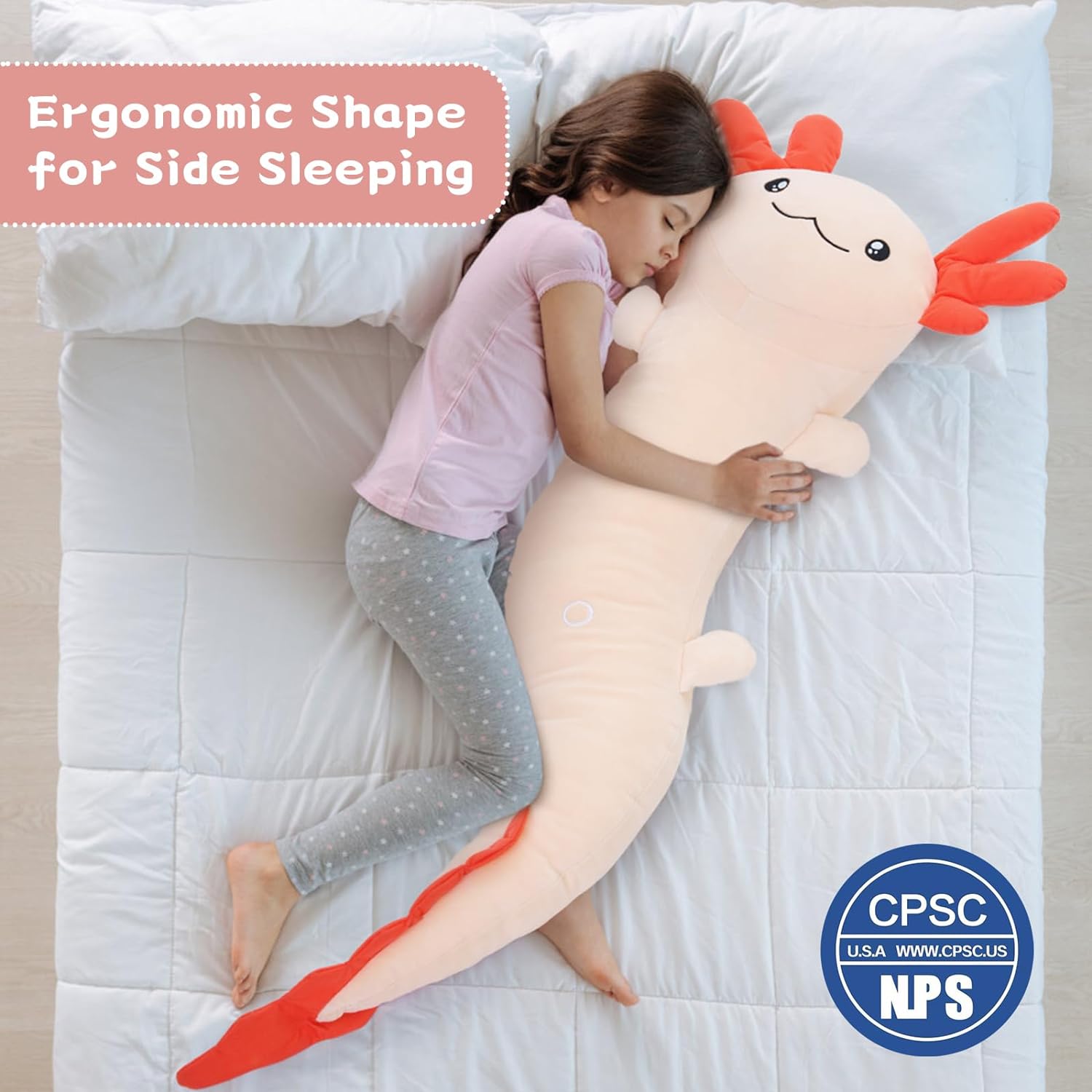 Giant Cozy Axolotl Long Throw Pillow, Red/Pink/Mint Green/Blue, 48 Inches