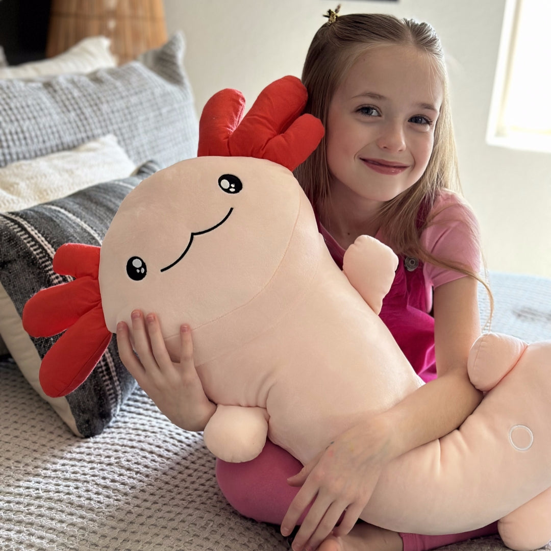 Giant Cozy Axolotl Long Throw Pillow, Red/Pink/Mint Green/Blue, 48 Inches