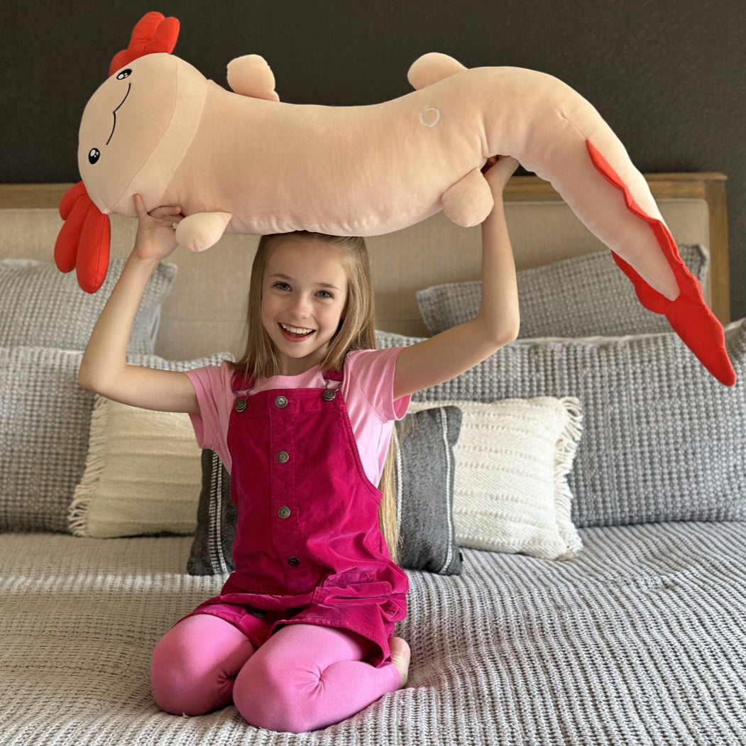 Giant Cozy Axolotl Long Throw Pillow, Red/Pink/Mint Green/Blue, 48 Inches