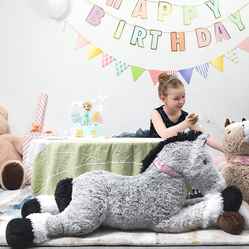 Giant Horse Stuffed Animals - Grey Horse Plush Toys - 4 FT Huge Horse Plush Dolls - Farm Animal Plush Pillows - Cute Little Pony Plush Dolls - Christmas/Birthday/Baby Shower Gift Ideas