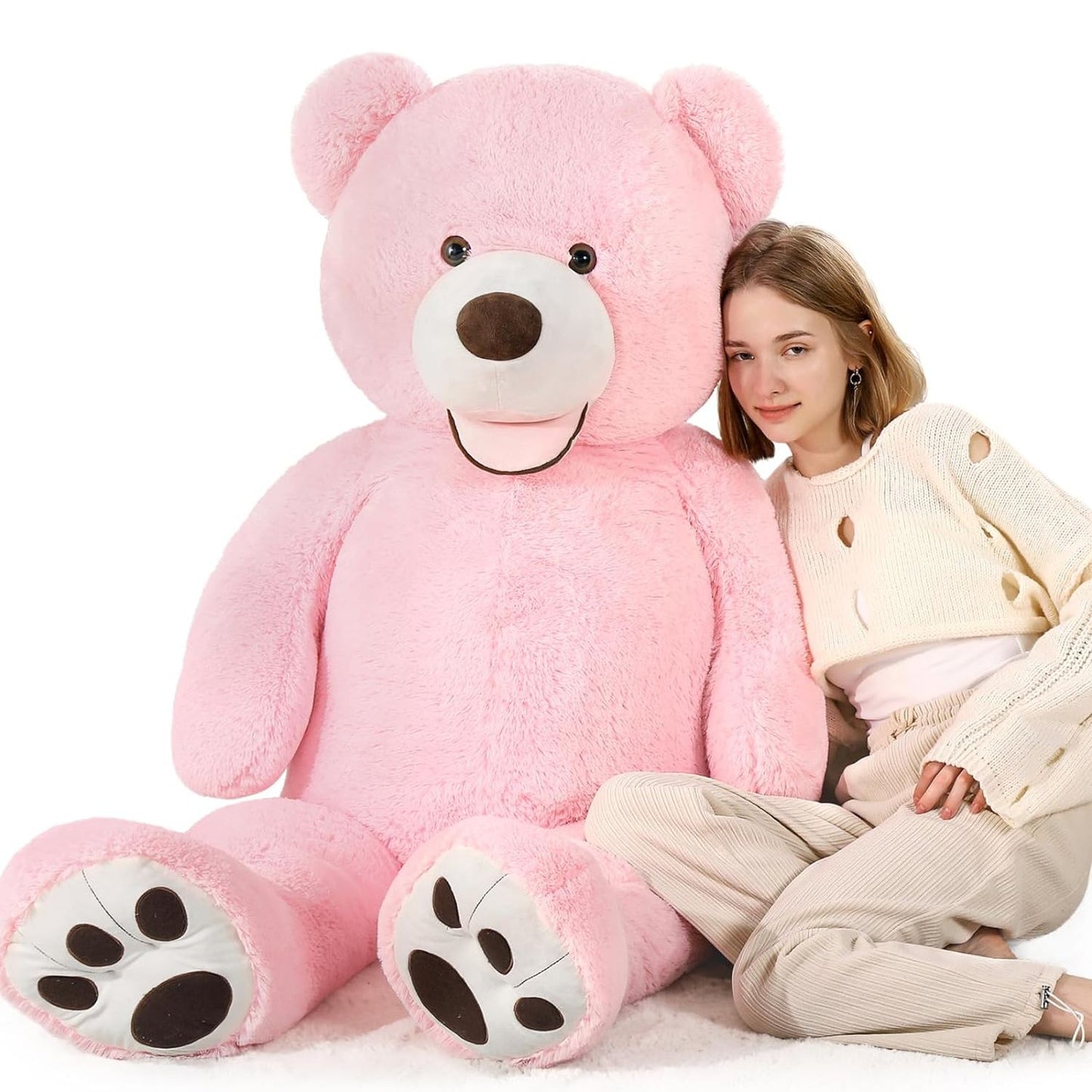 Giant Pink Teddy Bear Plush Toys - Pink 5 FT Teddy Bear Plush Dolls - Smiling Teddy Bear Stuffed Animals - Valentine's Day Teddy Bear Plushies - Teddy Bear Theme Baby Shower - We Can Bearly Wait Baby Shower Decor - Romantic Valentine's Day Gift