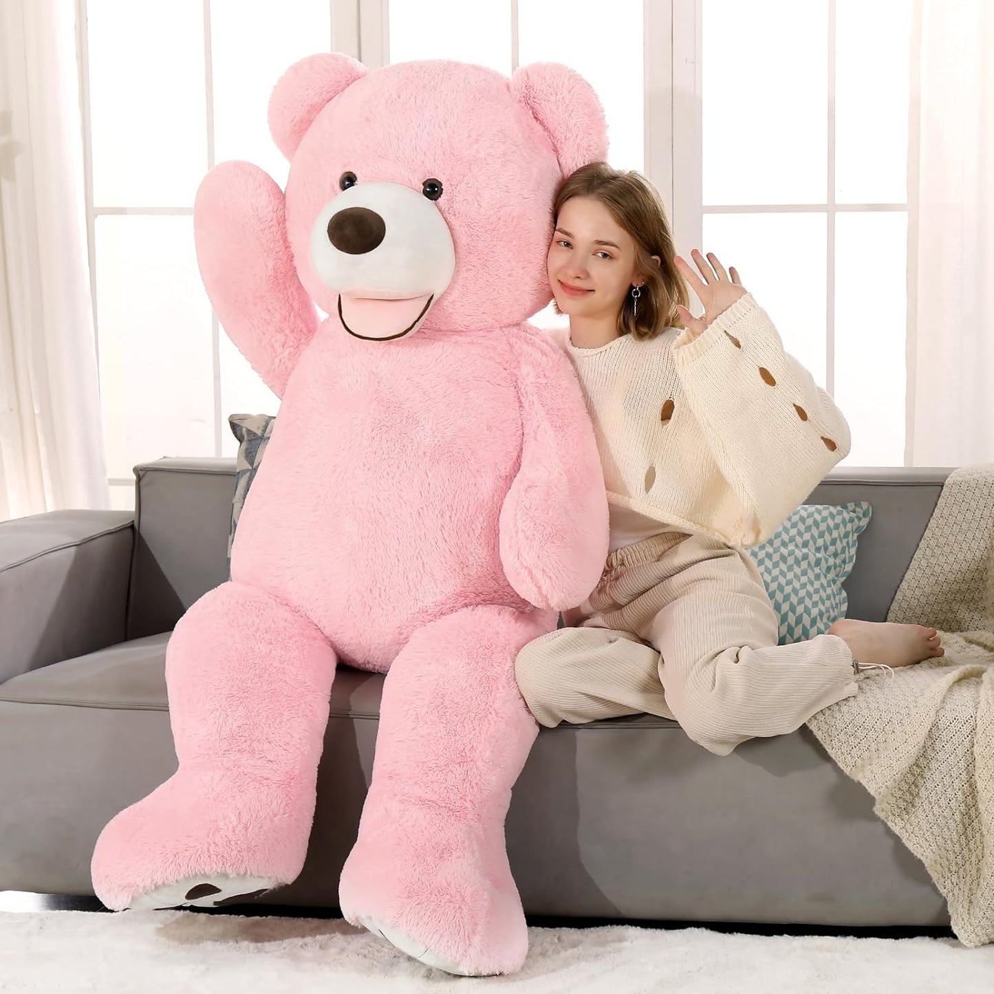 Giant Pink Teddy Bear Plush Toys - Pink 5 FT Teddy Bear Plush Dolls - Smiling Teddy Bear Stuffed Animals - Valentine's Day Teddy Bear Plushies - Teddy Bear Theme Baby Shower - We Can Bearly Wait Baby Shower Decor - Romantic Valentine's Day Gift