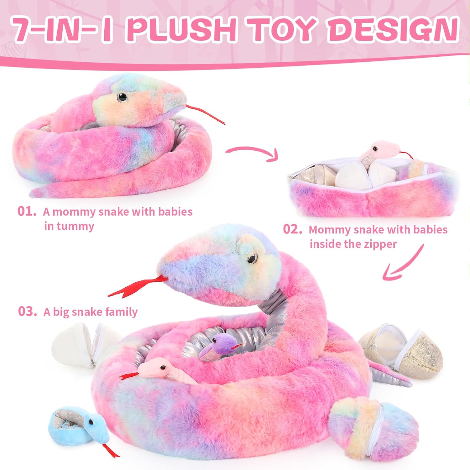 Snake Stuffed Animal Toy Set, Green/Yellow/Red/Pink/Brown, 79/118 Inches