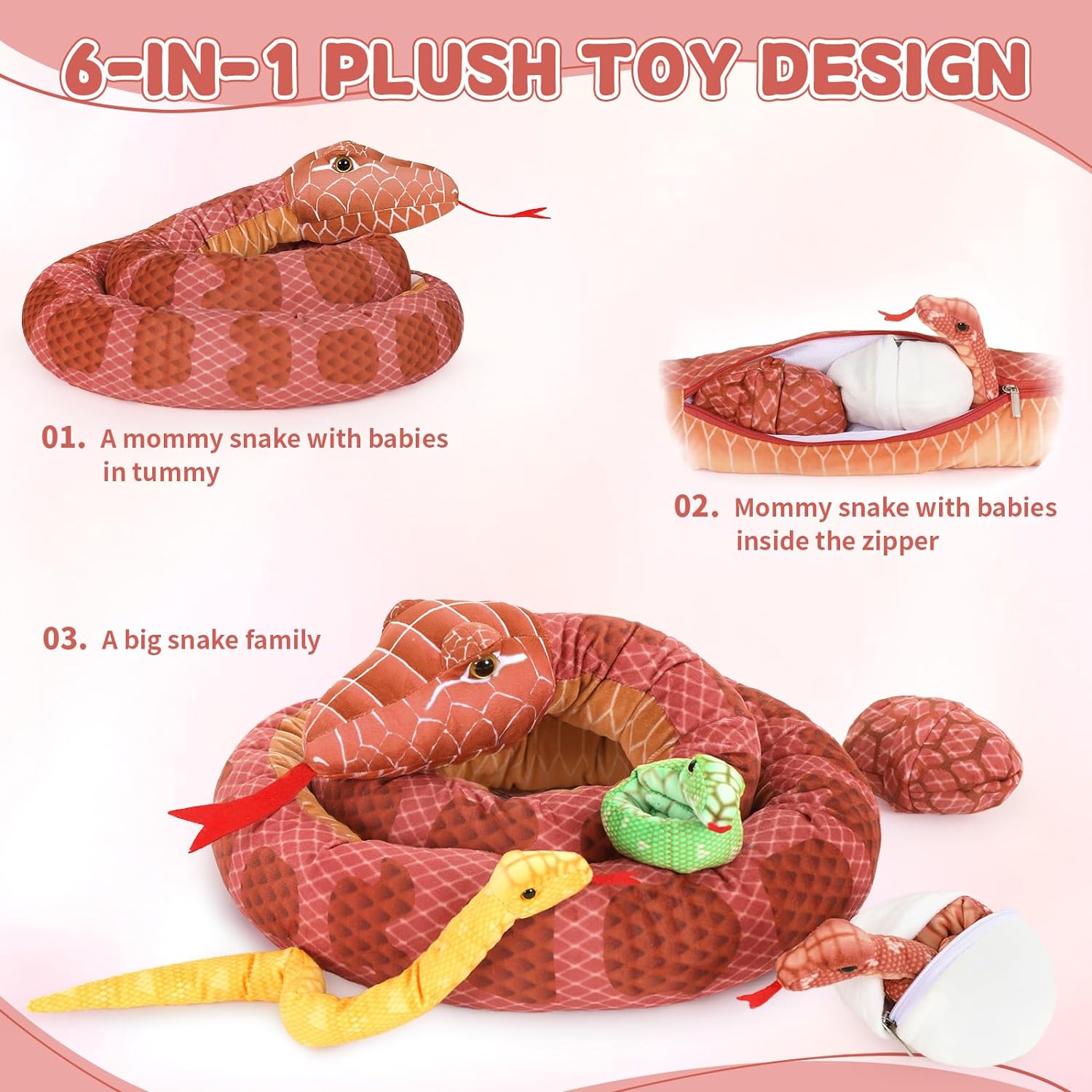 Snake Stuffed Animal Toy Set, Green/Yellow/Red/Pink/Brown, 79/118 Inches