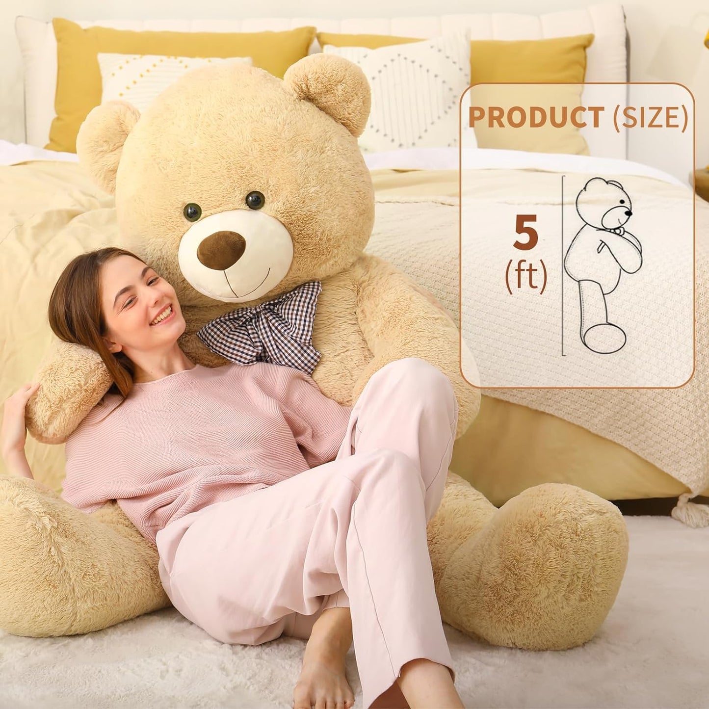 Giant Teddy Bear Plush Toys - Valentine's Day Stuffed Teddy Bear - Valentine's Day Gift for Kids/Girlfriend/Boyfriend - Anniversary Gift for Wife/Husband - Light Brown 5 Feet Teddy Bear Plush - Baby Shower Gift Ideas - Cute Teddy Bear Plush Dolls