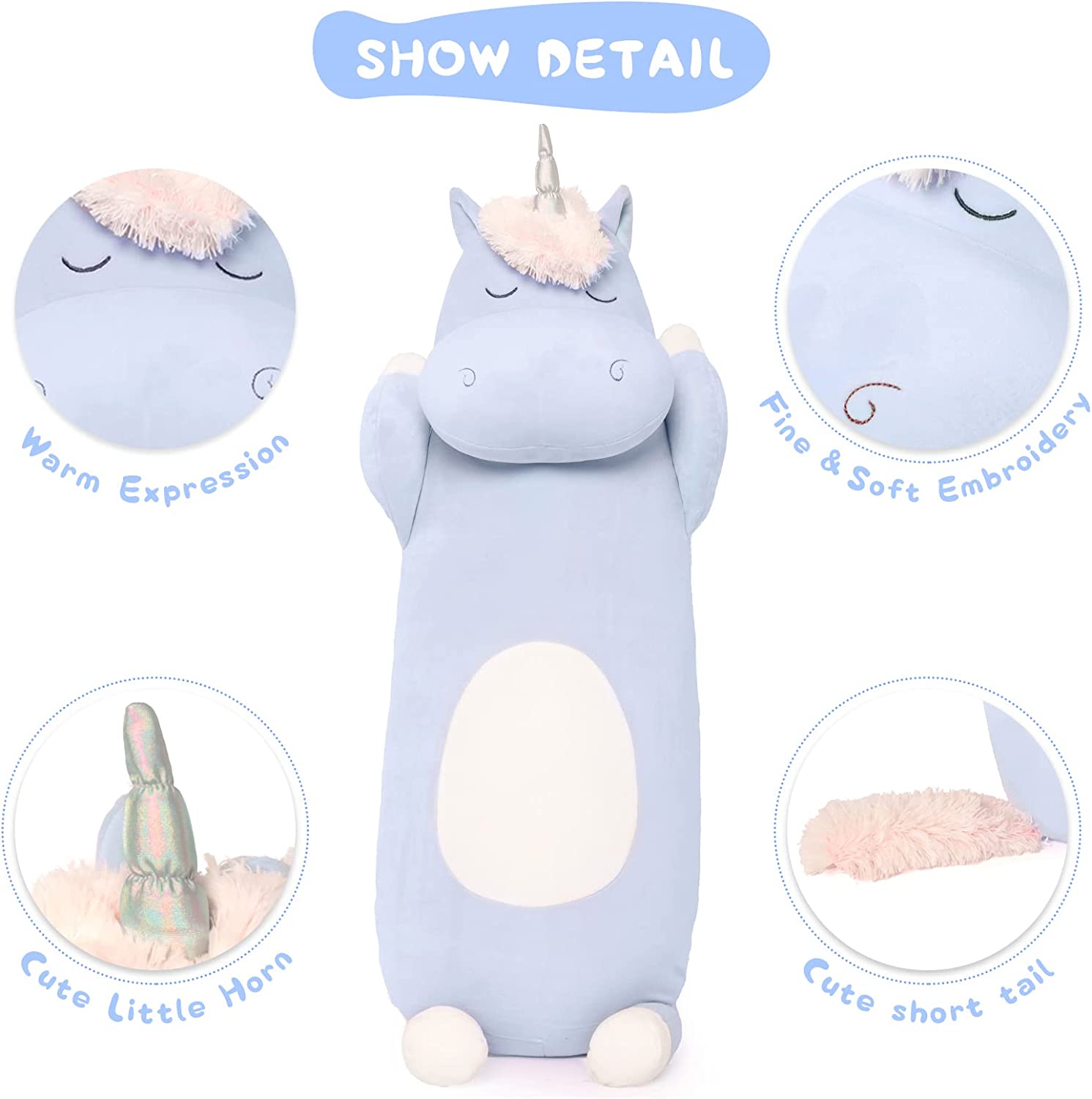 Giant Unicorn Body Pillow, Blue, 23.6/36.2 Inches - MorisMos Stuffed Animals