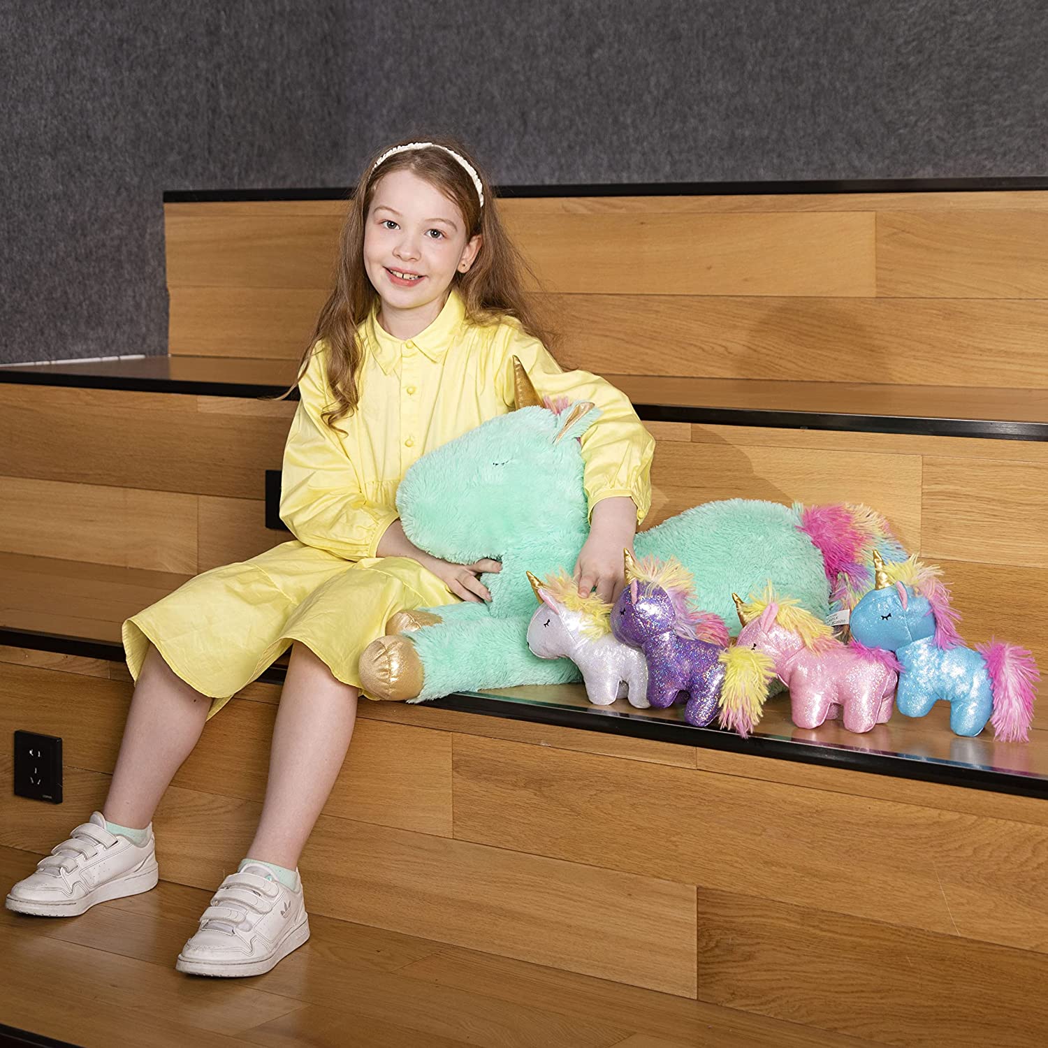 Unicorn Mom with Baby Plushies, White/Green/Pink/Beige, 24 Inches