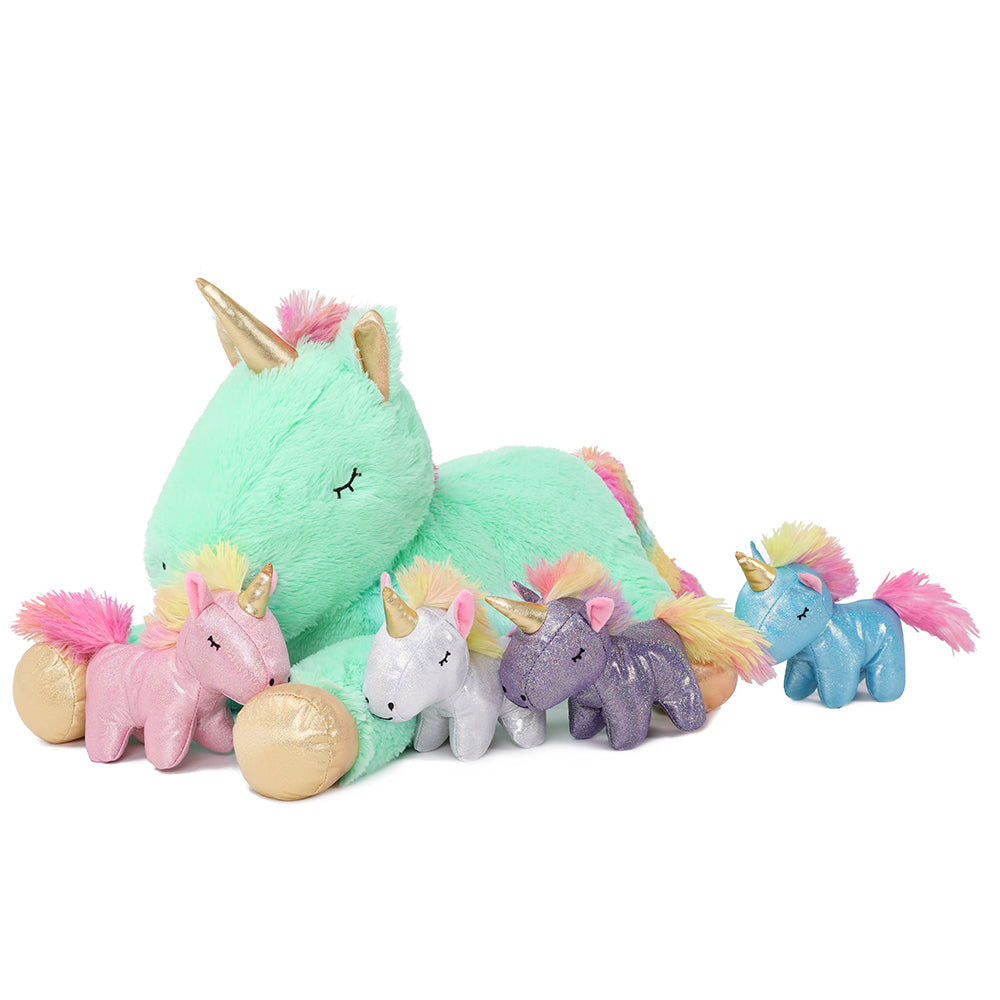 Unicorn Mom with Baby Plushies, White/Green/Pink/Beige, 24 Inches