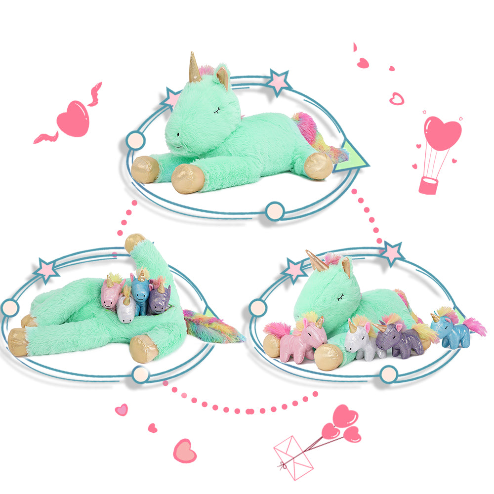 Unicorn Mom with Baby Plushies, White/Green/Pink/Beige, 24 Inches