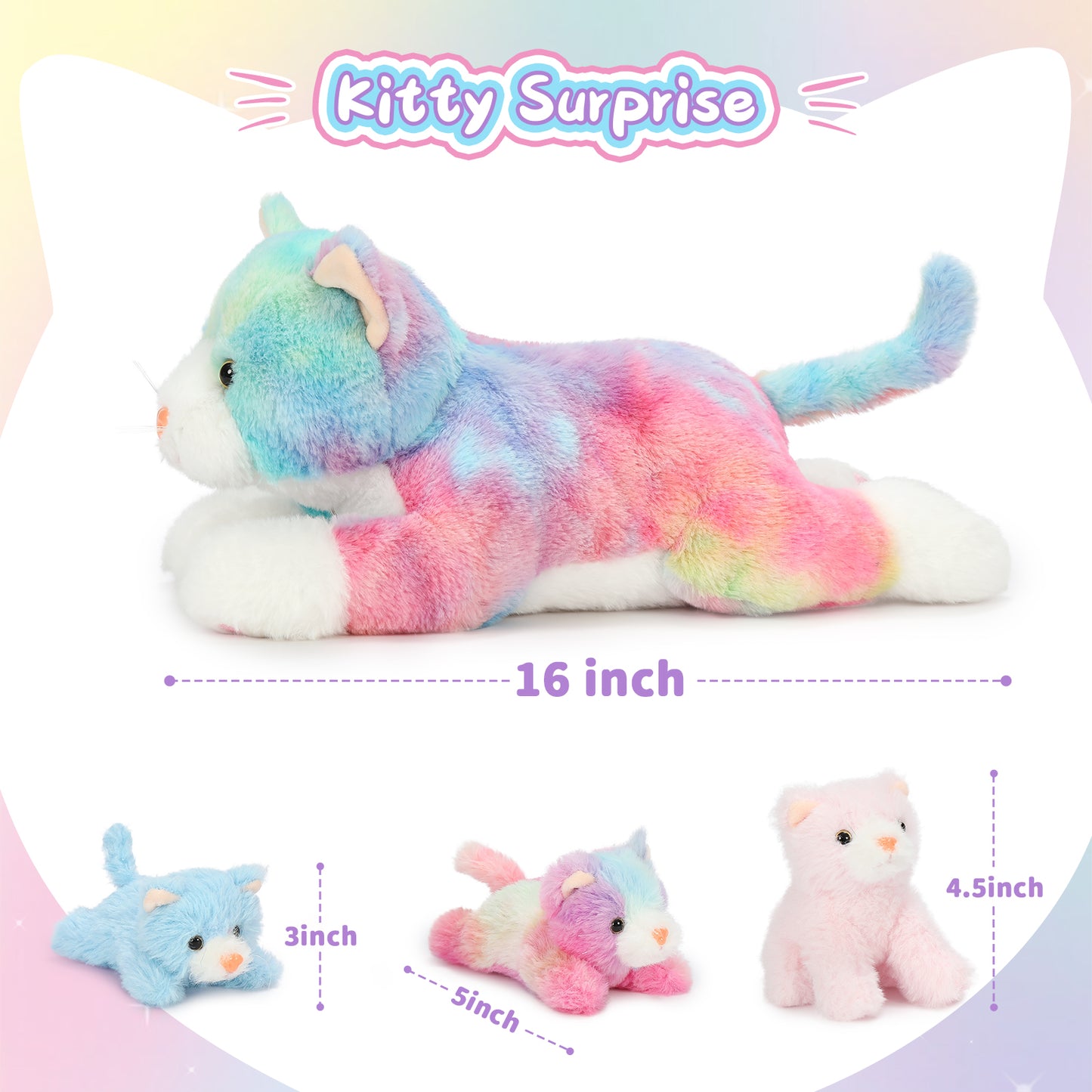 Realistic Rainbow Cat Stuffed Animals - 4 Pcs Short Fur Colorful Cat Plush Toys - Kitty Baby Stuffed Animals with Their Mom - Cute Kitten Plush Toys - Christmas Birthday Gift for Kids Teens Adults