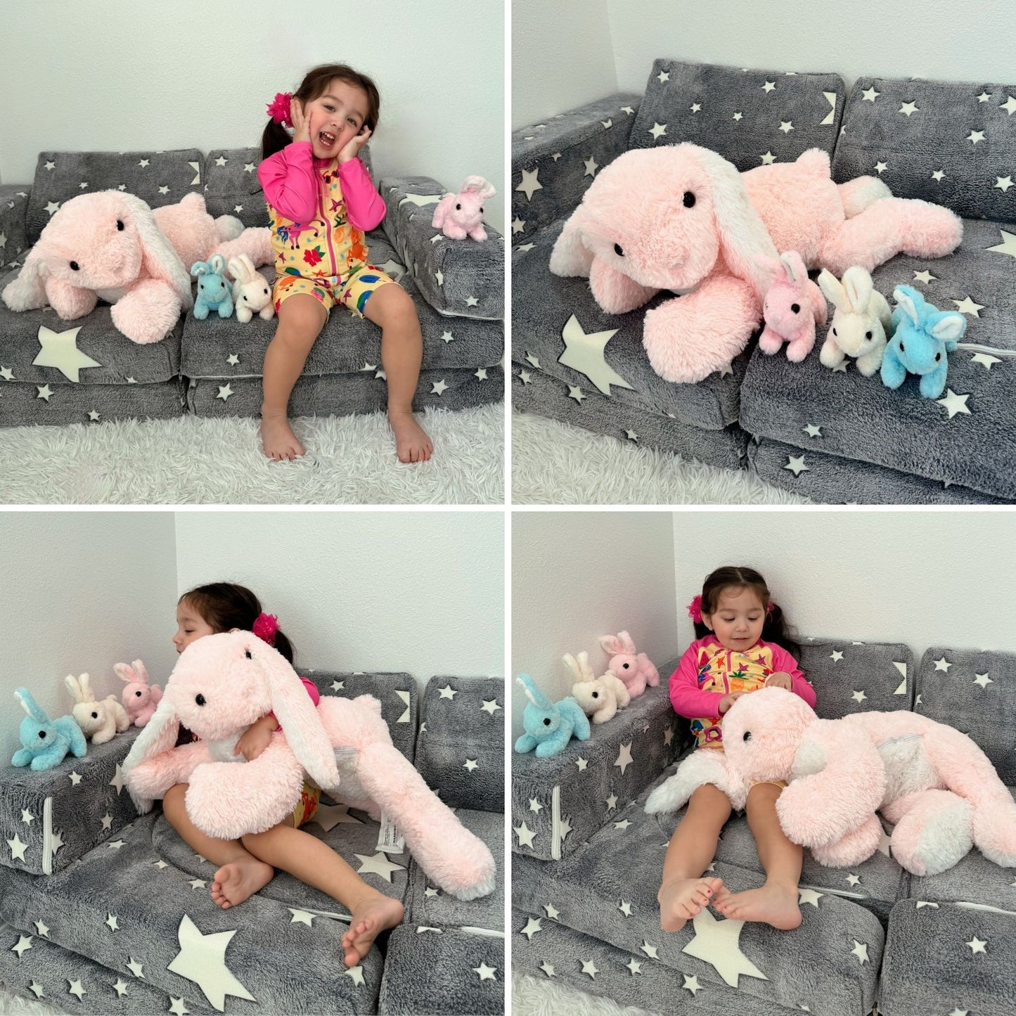 4 Pcs Bunny Stuffed Animals Bulk - Cute Rabbit Plush Toys - Stuffed Animal Bunny Babies with Their Mom - Grey/Pink Realistic Rabbit Plush Dolls for Girls - Easter/Christmas/Birthday Gift for Kids