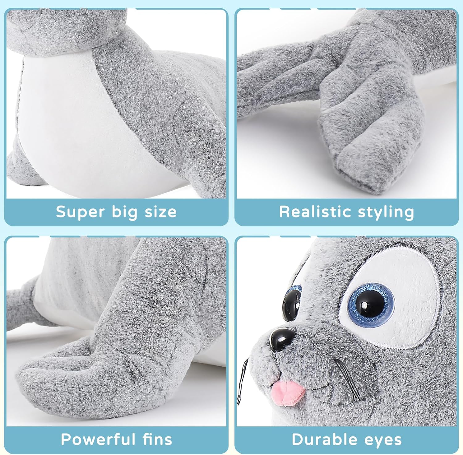 Lifelike Giant Seal Plush Pillows for Children - 4 FT Giant Grey Seal Stuffed Animals - 44 Inch Fuzzy Large Seal Stuffed Animal - Soft Stuffed Seal Toy Cuddly Bedroom Seal Plush - Funny Seal Gifts for Girls Boys - Christmas Birthday Gift for Friends