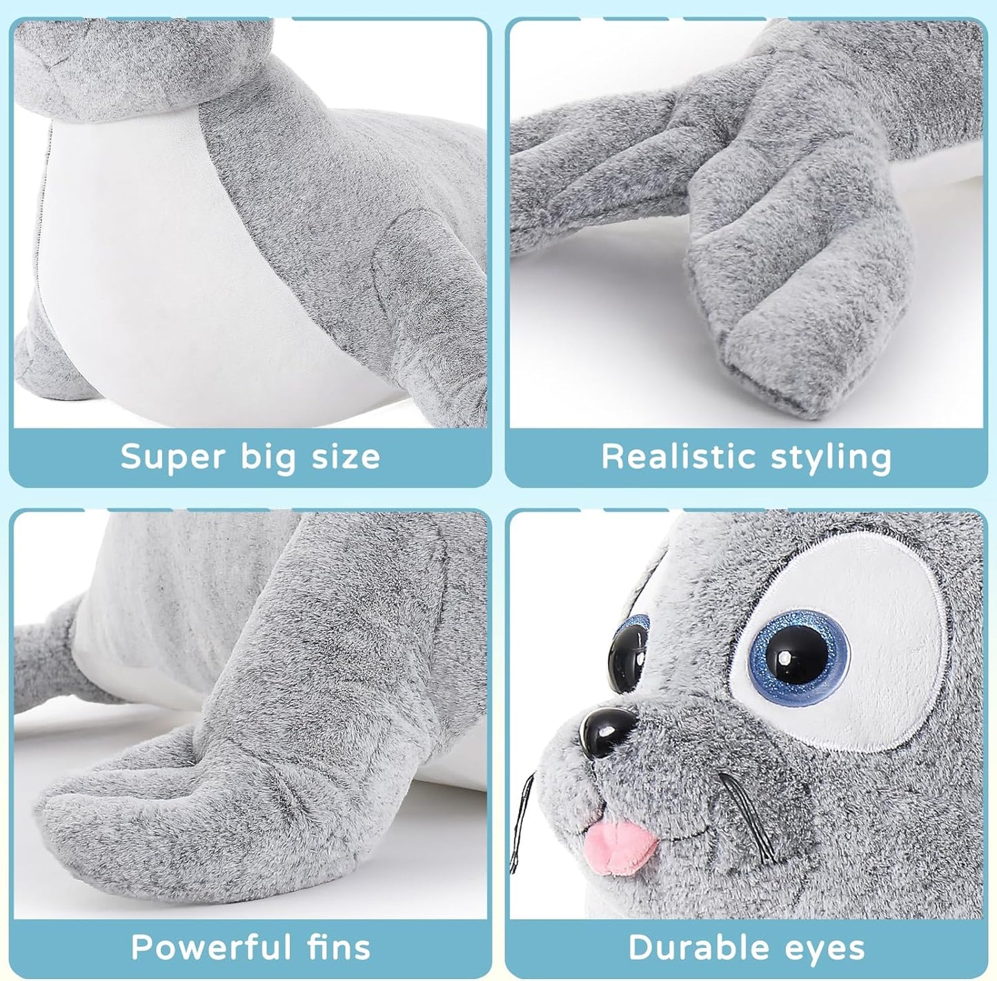 Lifelike Giant Seal Plush Pillows for Children - 4 FT Giant Grey Seal Stuffed Animals - 44 Inch Fuzzy Large Seal Stuffed Animal - Soft Stuffed Seal Toy Cuddly Bedroom Seal Plush - Funny Seal Gifts for Girls Boys - Christmas Birthday Gift for Friends