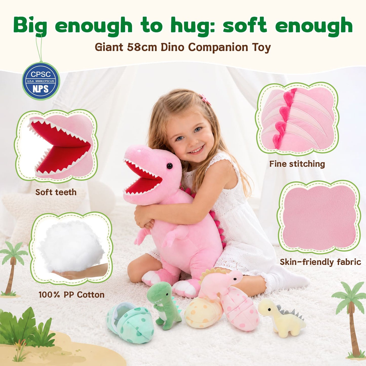 Pink dinosaur stuffed animal backpack with adjustable shoulder straps, perfect preschool backpack and dinosaur gift for children