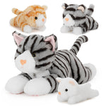 Realistic Tabby Cat Stuffed Animals - 4 Pcs Short Fur Tabby Cat Plush Toys - Tabby Kitty Baby Stuffed Animals with Their Mom - Cute Kitten Plush Toys - Christmas Birthday Gift for Kids Teens Adults