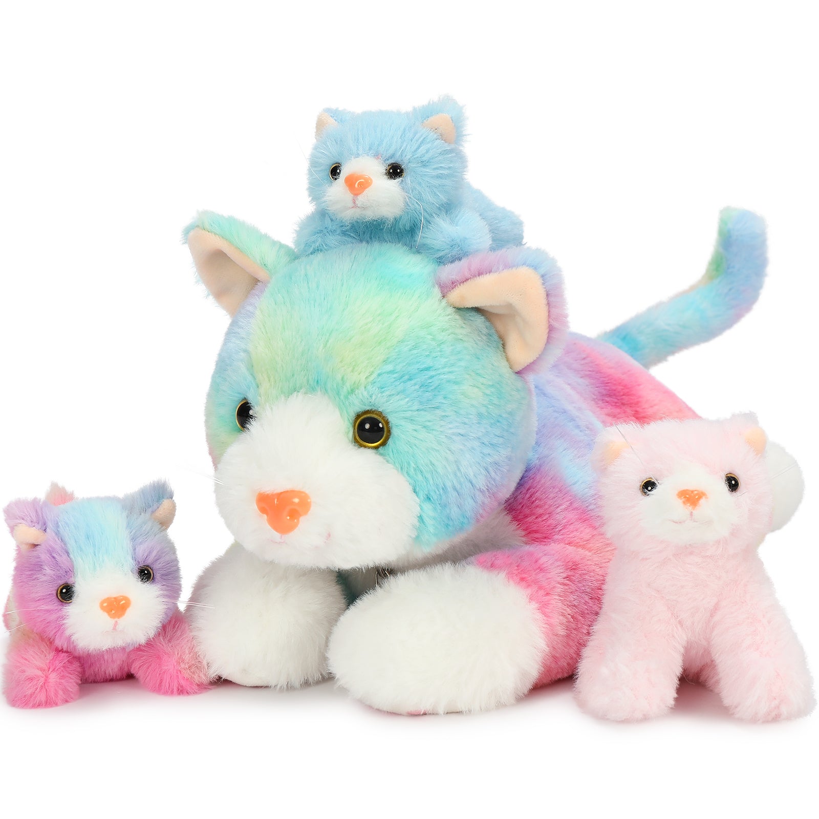 Realistic Rainbow Cat Stuffed Animals - 4 Pcs Short Fur Colorful Cat Plush Toys - Kitty Baby Stuffed Animals with Their Mom - Cute Kitten Plush Toys - Christmas Birthday Gift for Kids Teens Adults