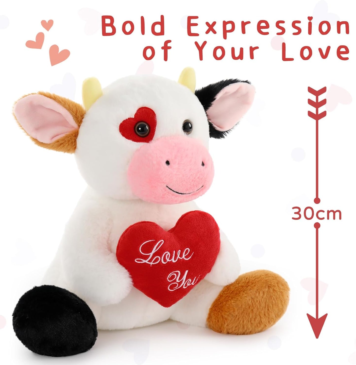 Valentine's Day Cow Stuffed Animals - 12 Inches Cattle Plush Toys with ' Love You ' Heart - Valentine's Day Gift for Girlfriend/Boyfriend - Fluffly Cuddly Plushy Fluffy Toy - Cute Cow Plush Pillows for Kids - Christmas/Birthday Gift for Children/Teens/Adults - Romantic Anniversary Gift for Wife/Husband - Free Shipping