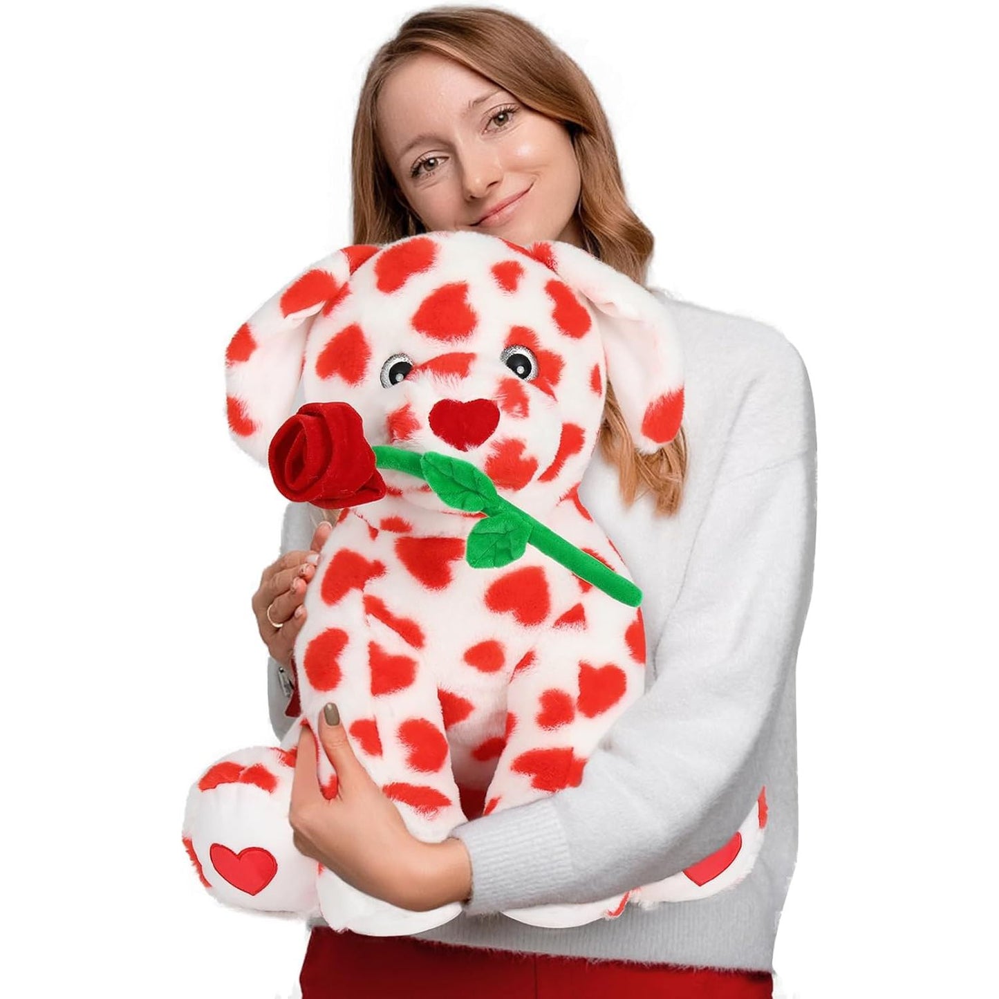 Lifelike Dog Stuffed Animals - 18 Inches Puppy Plush Toys with Rose Flowers - Valentine's Day Gift for Girlfriend/Boyfriend - Fluffly Cuddly Plushy Fluffy Toy - Cute Cartoon Dalmatian Plush Pillows for Kids - Christmas/Birthday Gift for Children/Teens/Adults - Romantic Anniversary Gift for Wife/Husband - Free Shipping