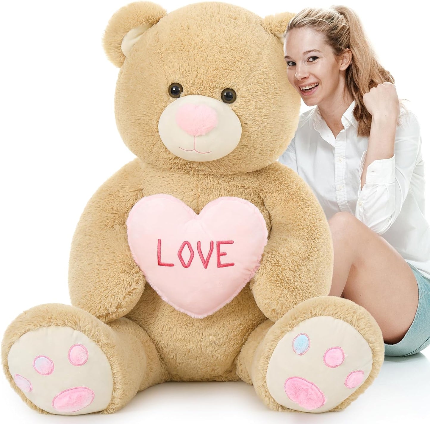 Valentine's Day Teddy Bear Stuffed Animals - Giant 43 Inches Brown Teddy Bear Plush Toys with Pink Heart - Valentine's Day Gift for Girlfriend/Boyfriend - Fluffly Cuddly Plushy Fluffy Toy - Cute Teddy Bear Plush Pillows for Kids - Christmas/Birthday Gift for Children/Teens/Adults - Romantic Anniversary Gift for Wife/Husband - Free Shipping