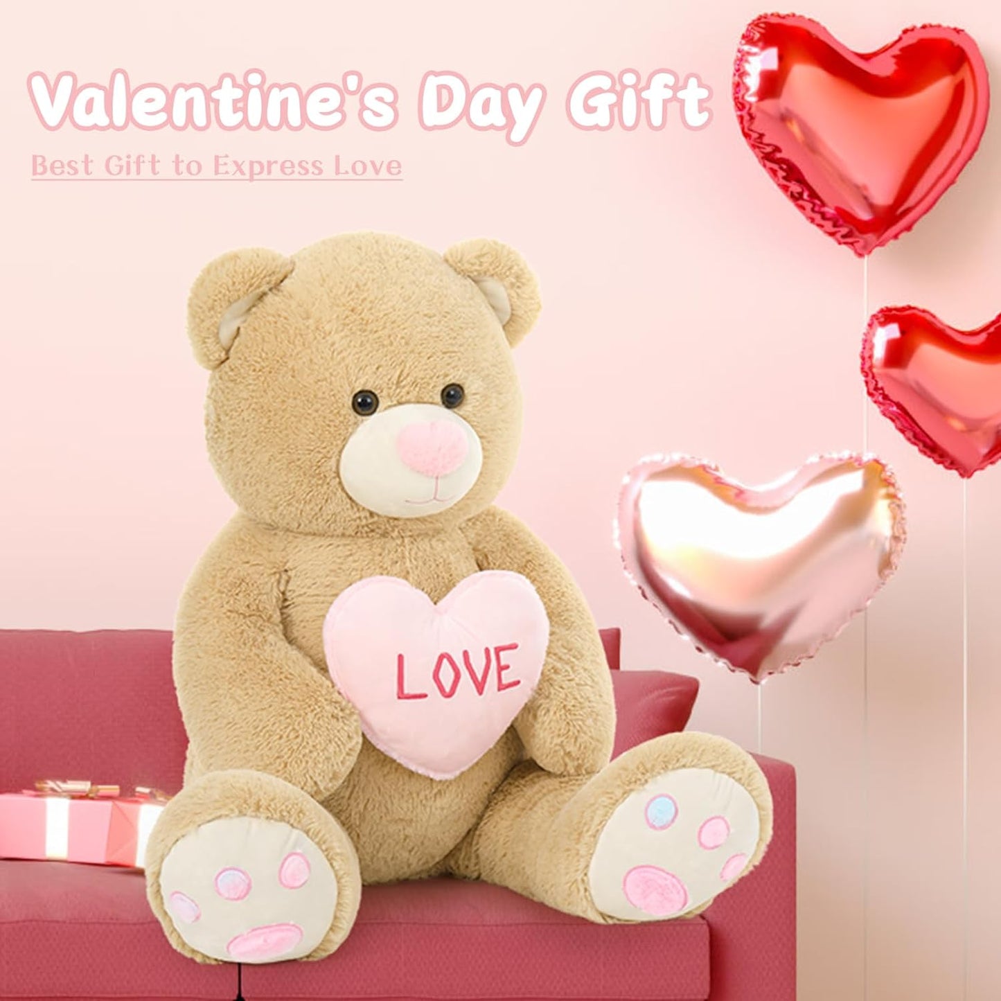 Valentine's Day Teddy Bear Stuffed Animals - Giant 43 Inches Brown Teddy Bear Plush Toys with Pink Heart - Valentine's Day Gift for Girlfriend/Boyfriend - Fluffly Cuddly Plushy Fluffy Toy - Cute Teddy Bear Plush Pillows for Kids - Christmas/Birthday Gift for Children/Teens/Adults - Romantic Anniversary Gift for Wife/Husband - Free Shipping