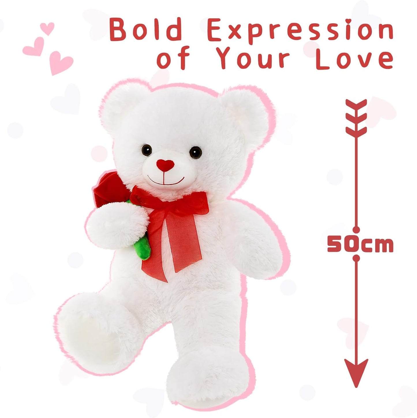 Valentine's Day Teddy Bear Stuffed Animals - 20 Inches White Teddy Plush Toys with Red Rose Flower - Valentine's Day Gift for Girlfriend/Boyfriend - Fluffly Cuddly Plushy Fluffy Toy - Cute Teddy Bear Plush Pillows for Kids - Christmas/Birthday Gift for Children/Teens/Adults - Romantic Anniversary Gift for Wife/Husband - Free Shipping