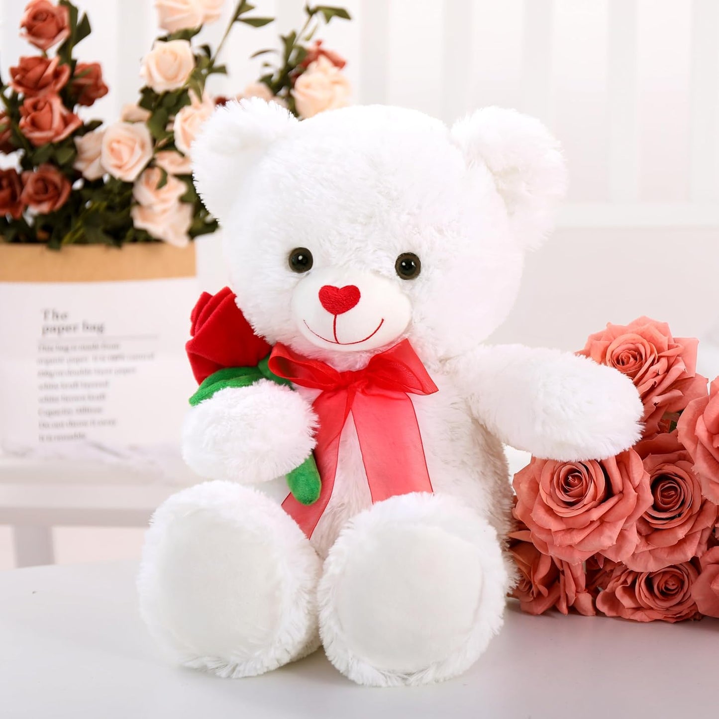 Valentine's Day Teddy Bear Stuffed Animals - 20 Inches White Teddy Plush Toys with Red Rose Flower - Valentine's Day Gift for Girlfriend/Boyfriend - Fluffly Cuddly Plushy Fluffy Toy - Cute Teddy Bear Plush Pillows for Kids - Christmas/Birthday Gift for Children/Teens/Adults - Romantic Anniversary Gift for Wife/Husband - Free Shipping