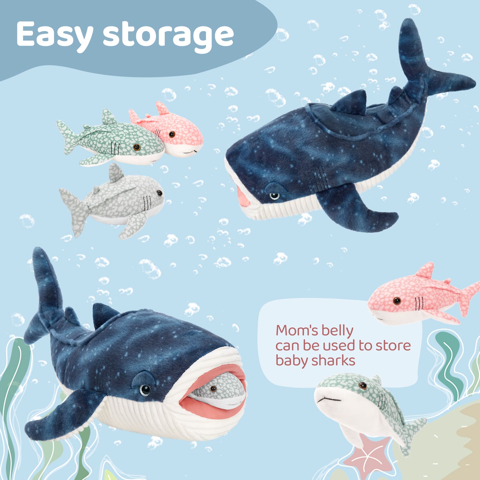 Whale Shark Stuffed Animal with 3 Detachable Babies, 21.5" Soft Plush Shark Ocean Animal Stuffed Toys Marine Life Plushie Shark Gift for Kids, Boys, Girls