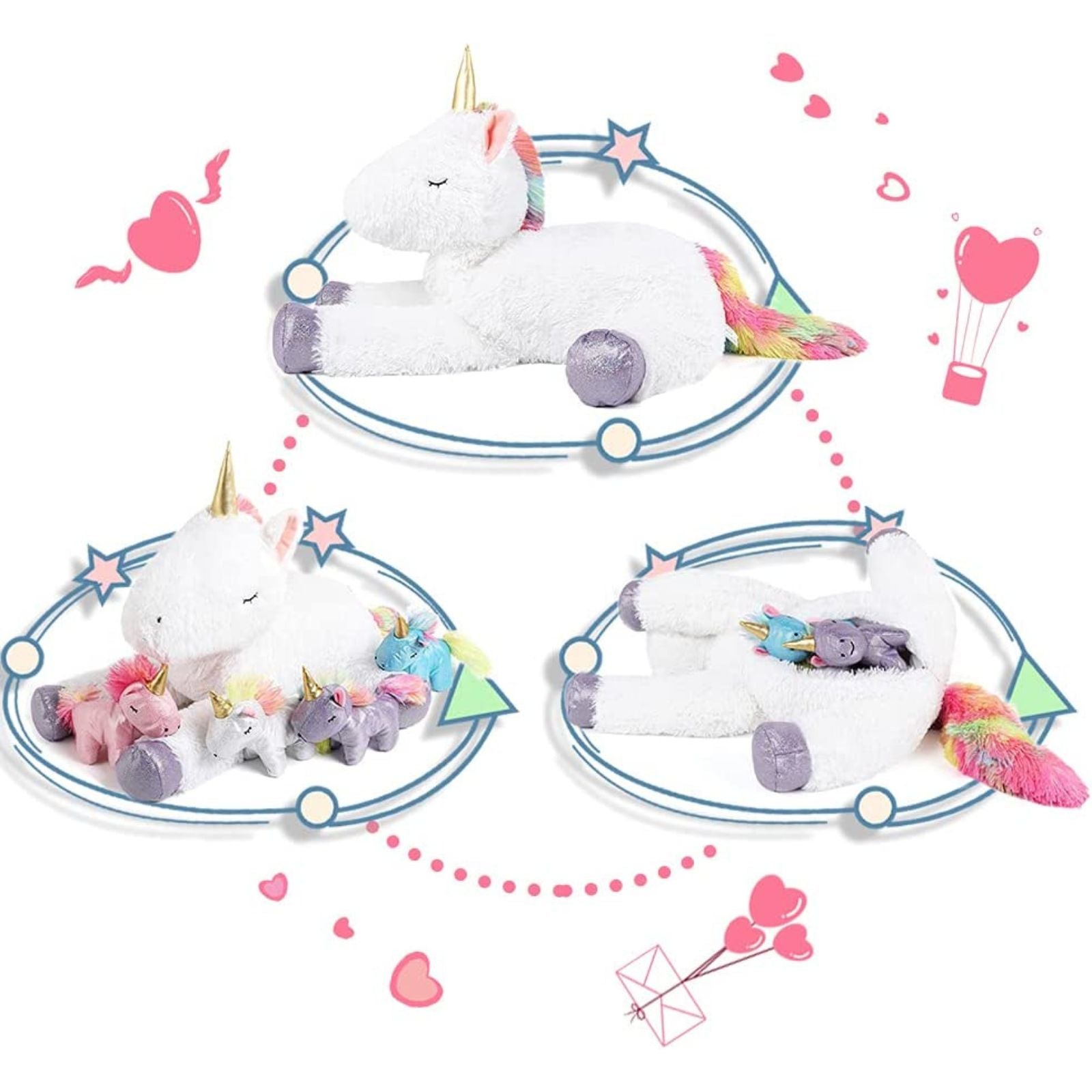Unicorn Mom with Baby Plushies, White/Green/Pink/Beige, 24 Inches