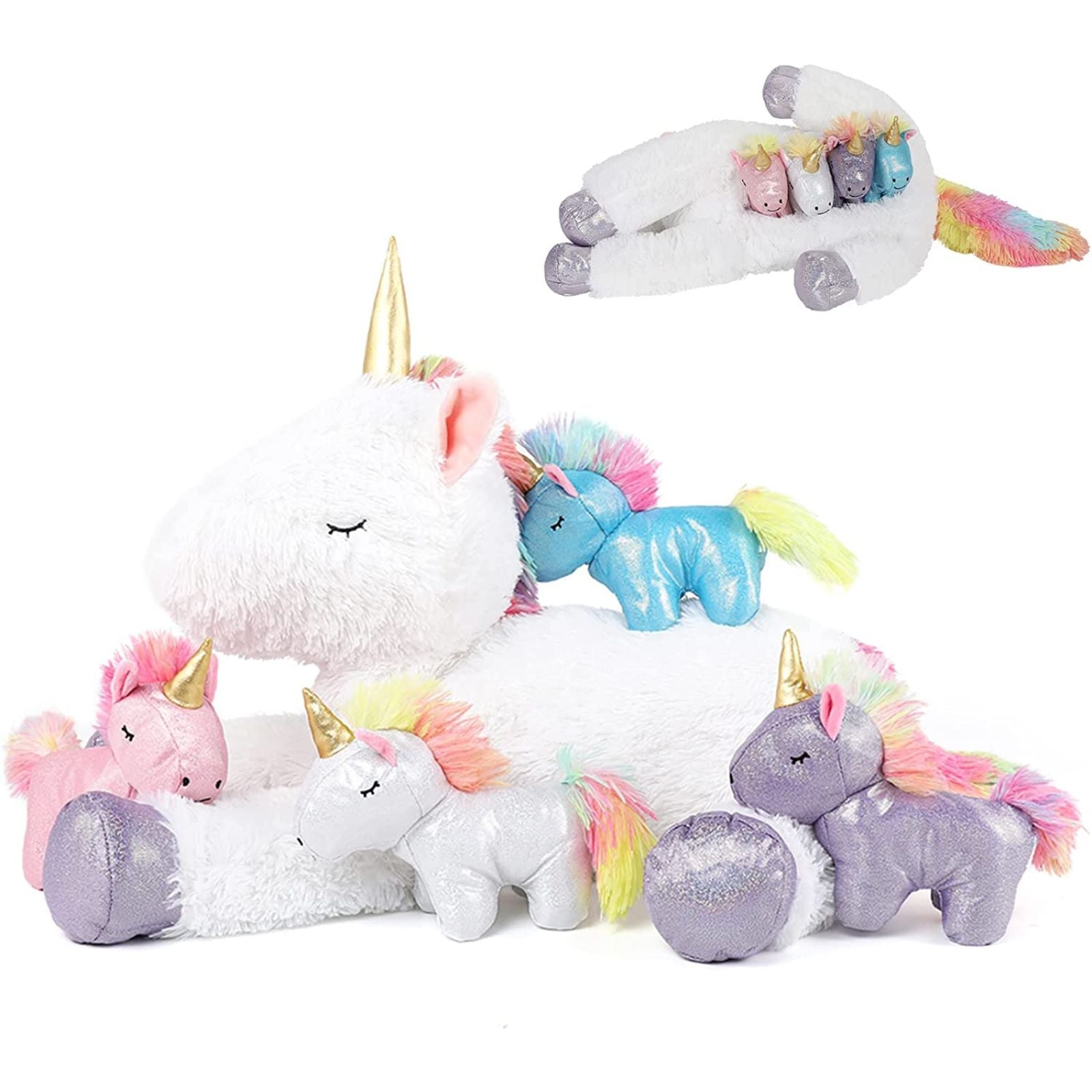 Unicorn Mom with Baby Plushies, White/Green/Pink/Beige, 24 Inches