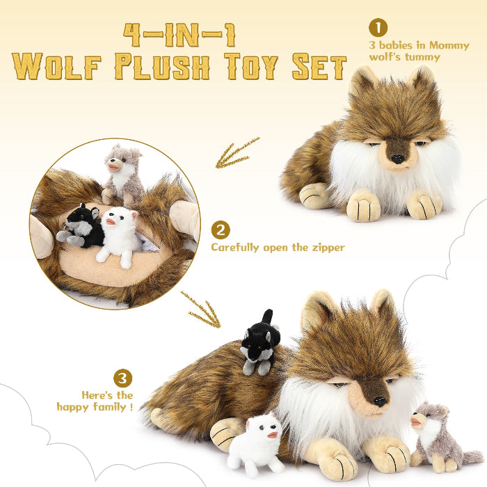 One Big Wolf Plush with Three Small Wolf Babies - Stuffed Animal Babies with Their Mom - Stuffed Animals with Babies in the Belly - Jungle Safari Plush Toys - Realistic Wolf Plush - Lifelike Wolf Plush Dolls - Birthday Baby Shower Christmas Gift for Children