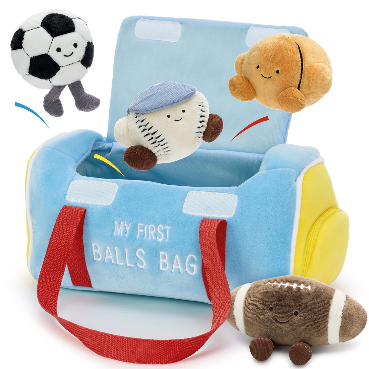 Baby sports plush toy set with soft carry bag and mini soccer, baseball, basketball, and football stuffed toys for toddlers