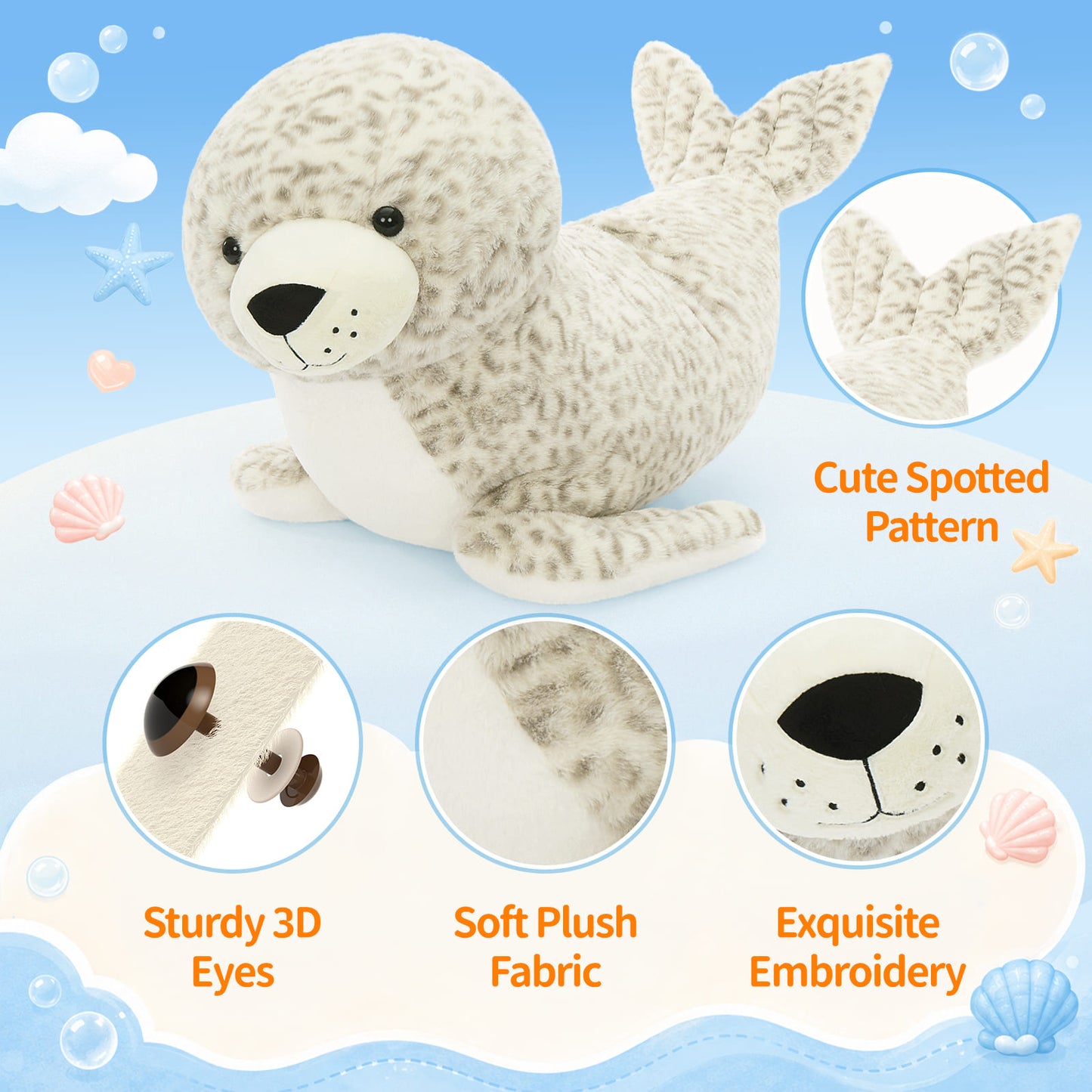 Cute 43 inch giant seal plush stuffed animal for children, extra large soft plush pillow toy ideal for cuddling, gifting, room decoration, and everyday comfort